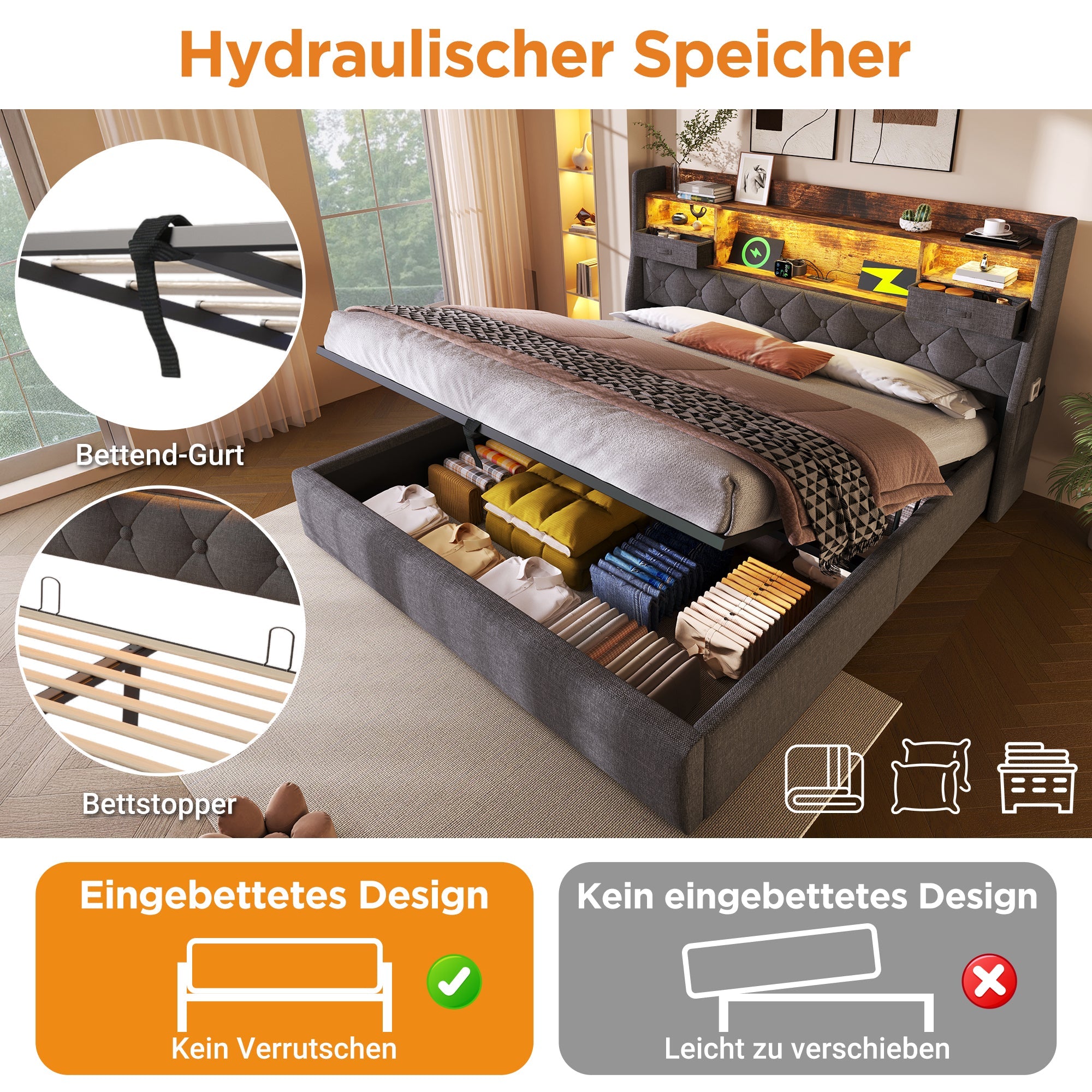 Logidon gestoffeerd bed 160x200 cm met opbergruimte, LED-hoofdbord, USB-C