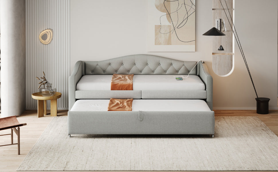 Logidon Upholstered Bed Extendable Sofa Bed 90x200 Gray Linen Fabric USB