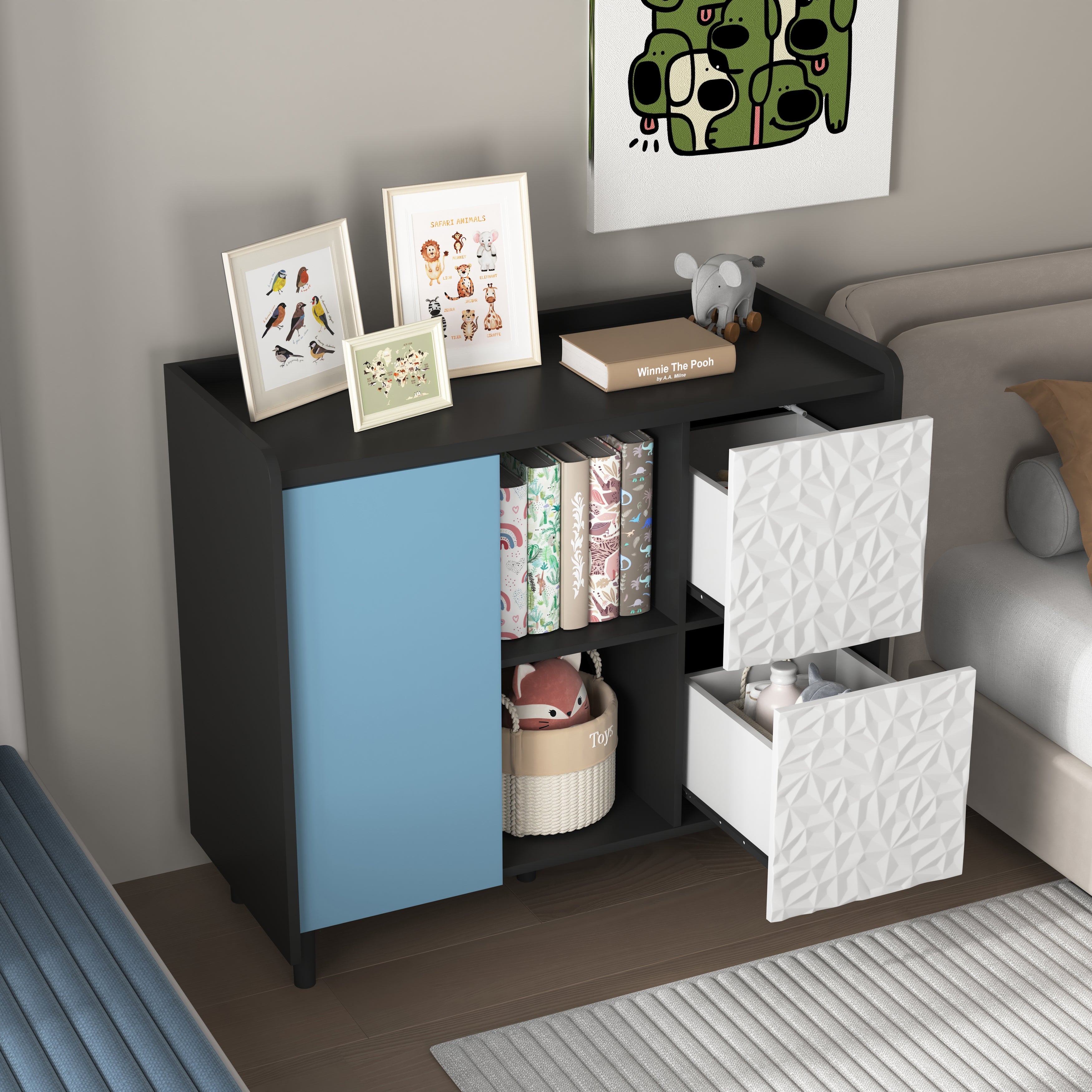 Logidon Dressoir Buffetkast 90 cm Blauw Wit Geometrische Fronten