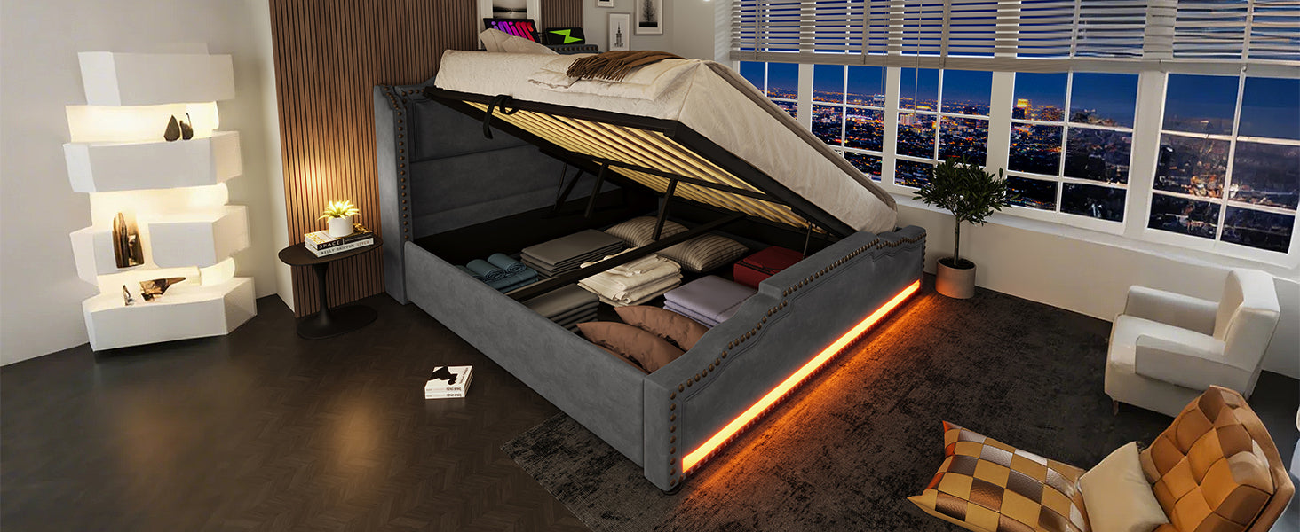 Logidon gestoffeerd bed 140x200 grijs LED-licht met hydraulische opbergruimte