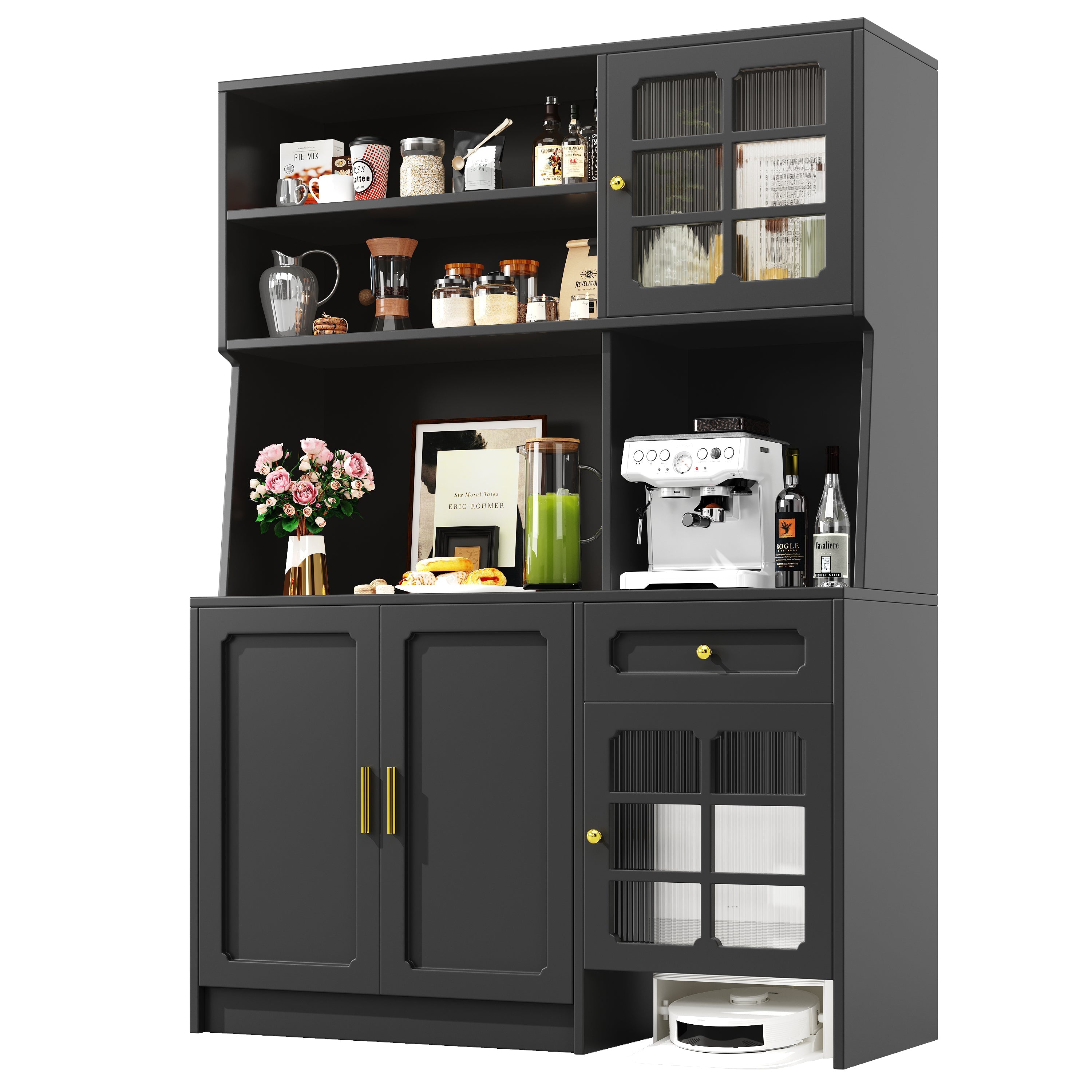 Logidon keukenkast 130x45x180 cm met glazen deuren en LED zwart