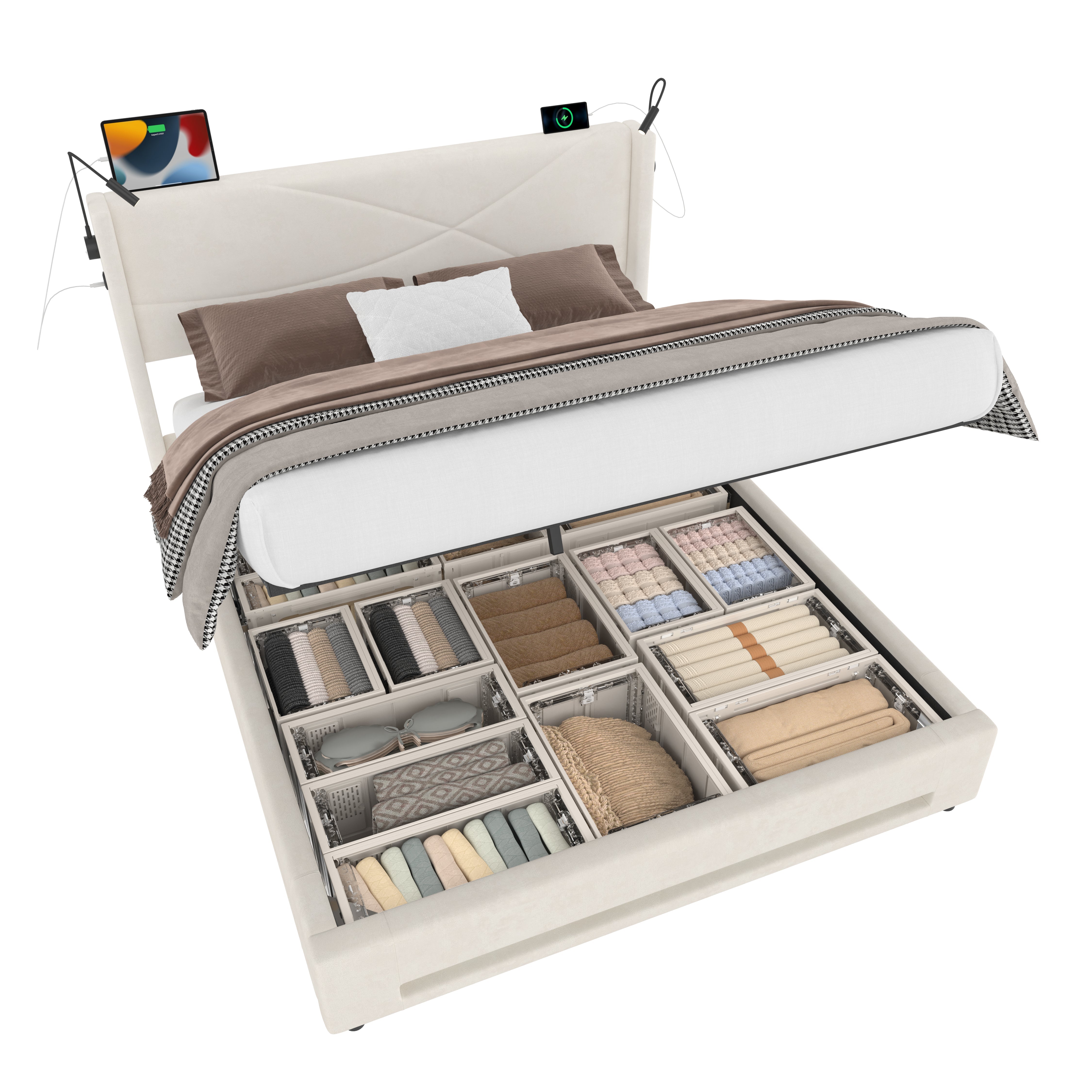Logidon bedframe 160x200 cm beige fluweel met opbergruimte LED
