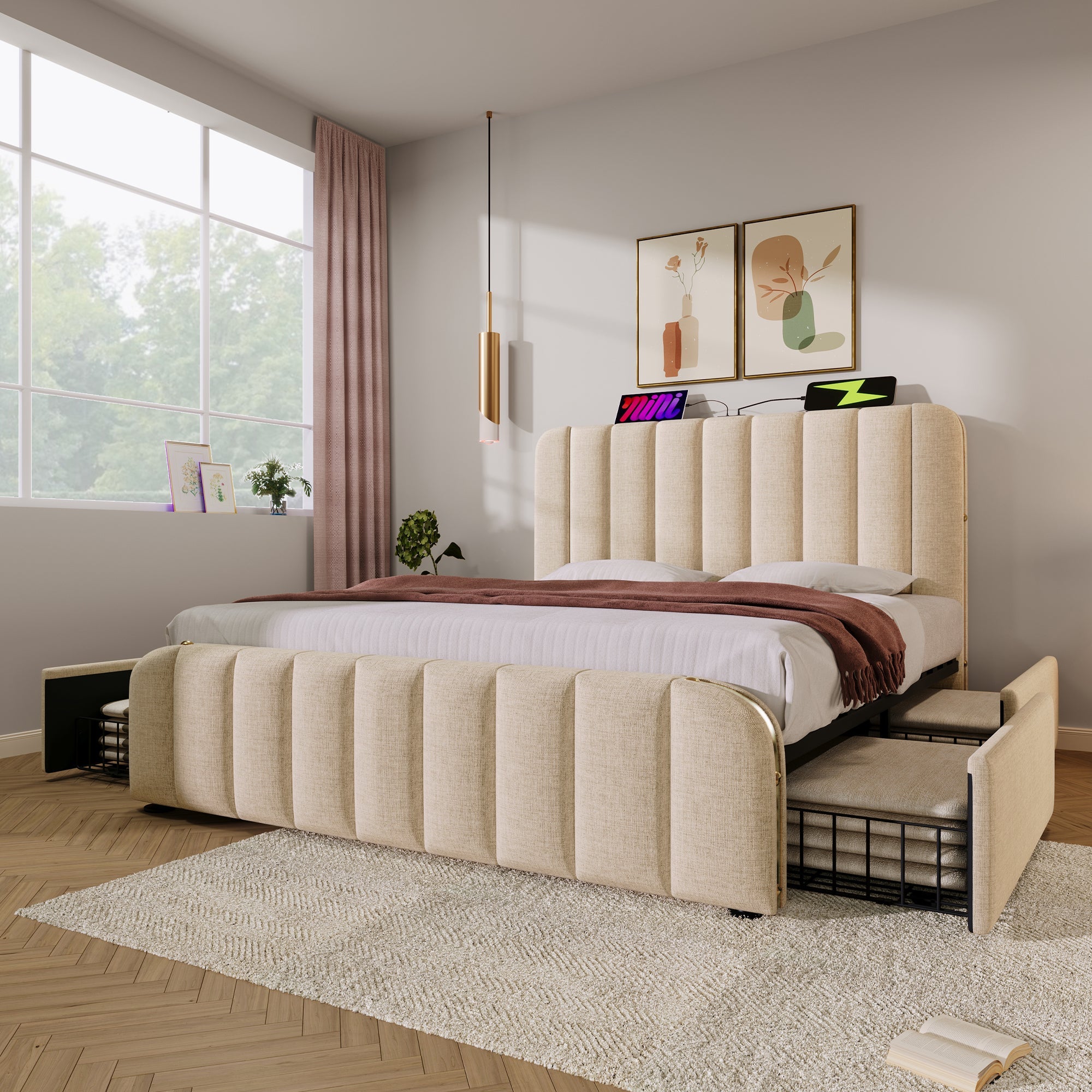 Logidon gestoffeerd bed 160x200 beige linnen USB C oplaadfunctie