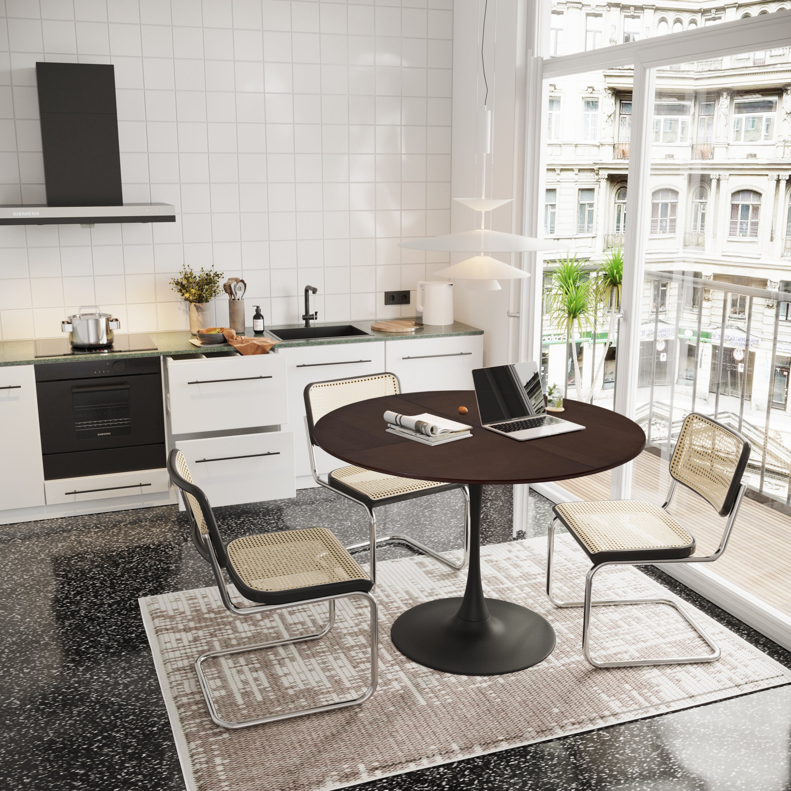 Logidon ronde eettafel 120 centimeter, MDF eikenhoutlook, bruin metalen onderstel