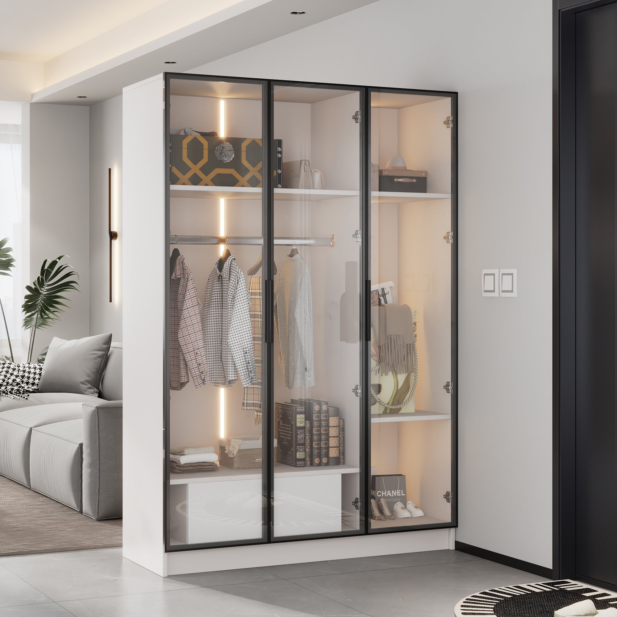 Logidon Witte kledingkast 110x50x160 cm met 3 glazen deuren LED