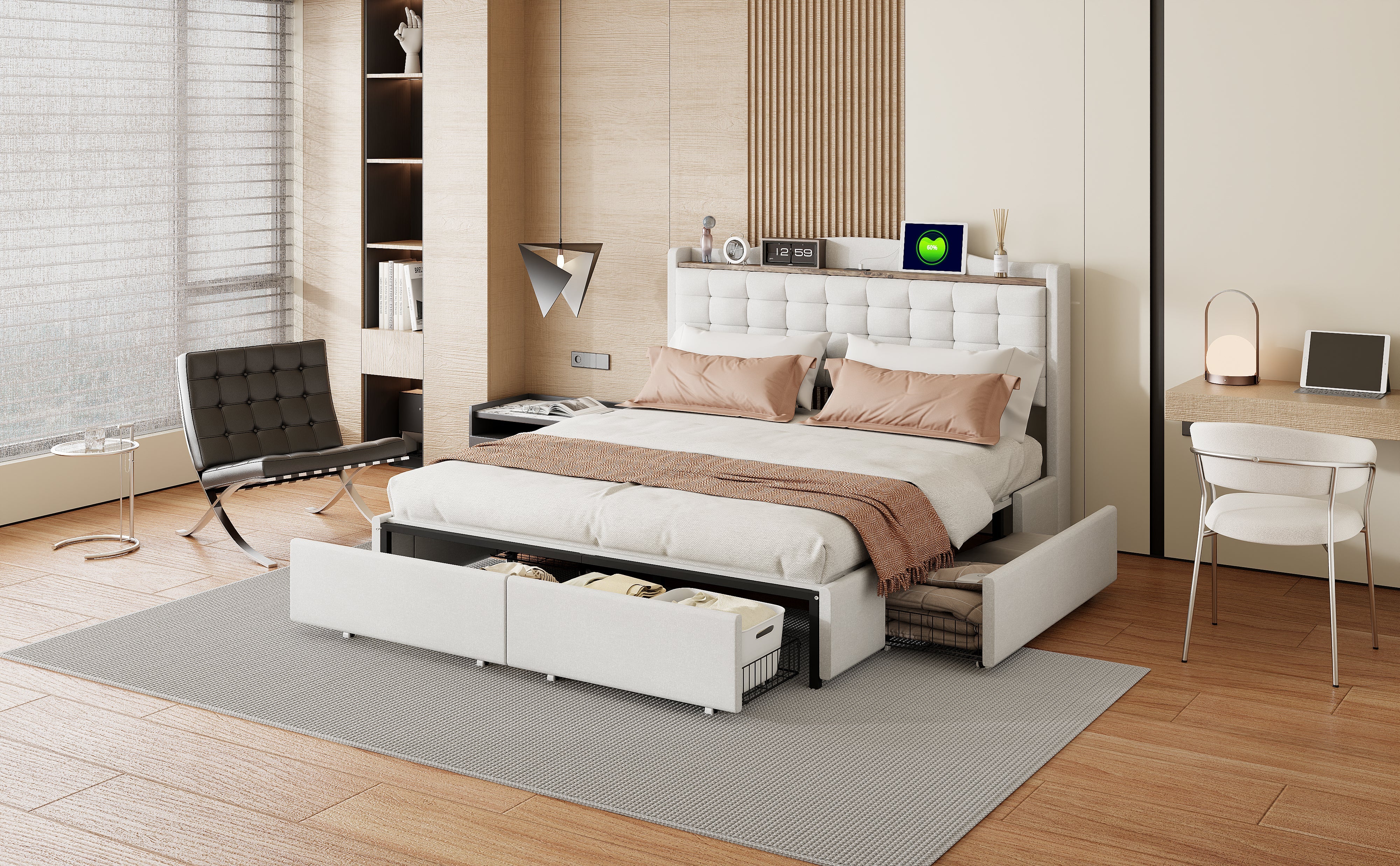 Logidon gestoffeerd bed 160x200 cm beige linnen stof USB-oplaadpoort