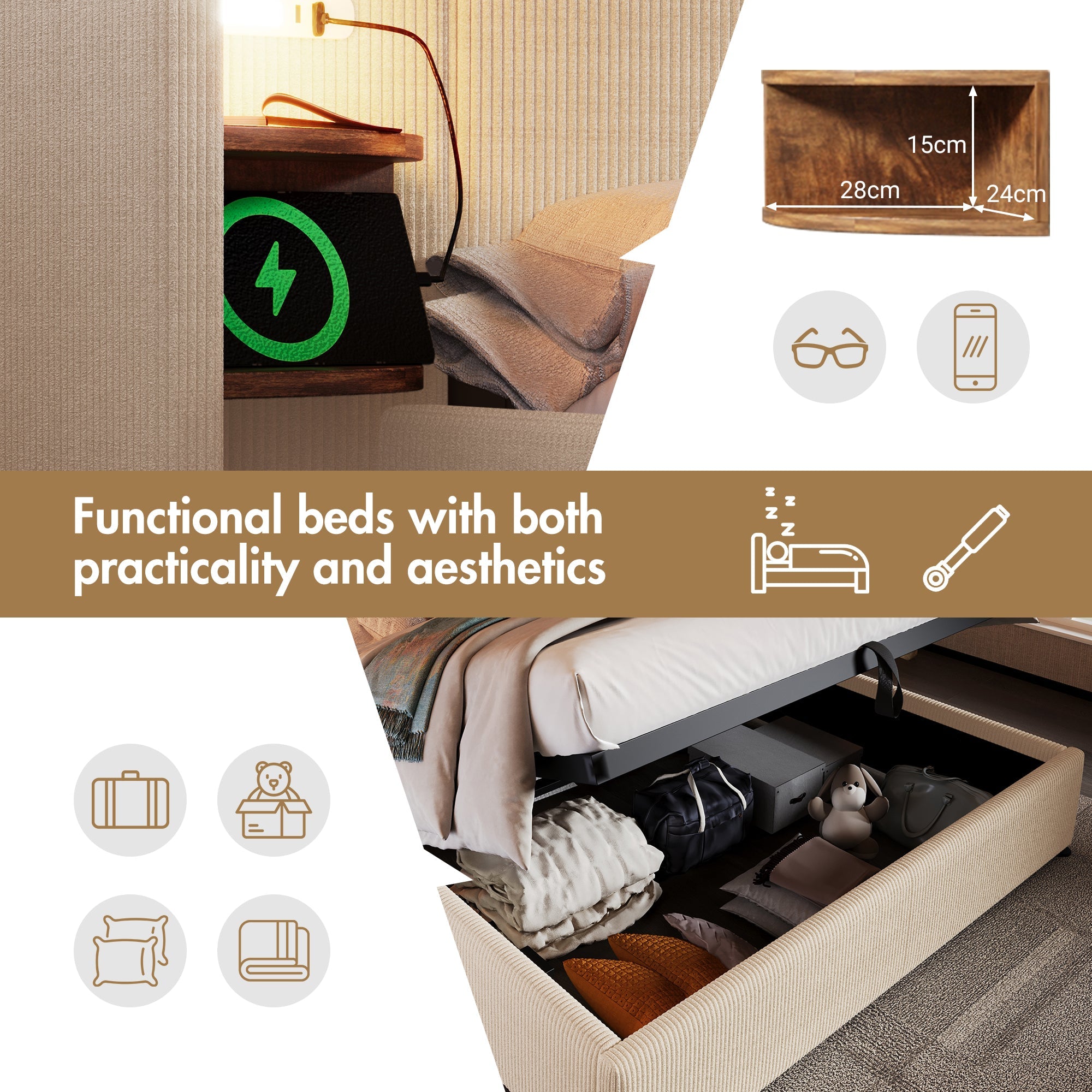 Logidon upholstered bed 160x200 beige white with USB-C charging function