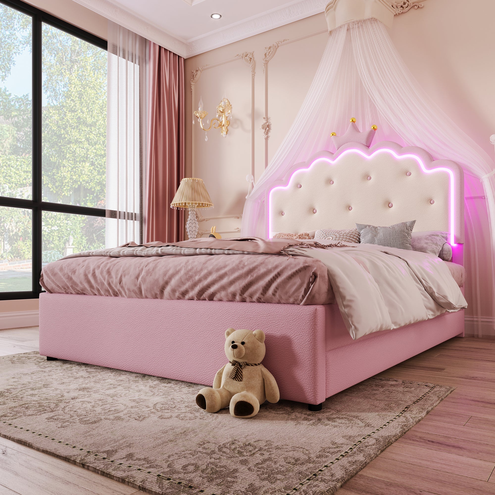 Logidon gestoffeerd bed 140x200 roze met lattenbodem LED-verlichting