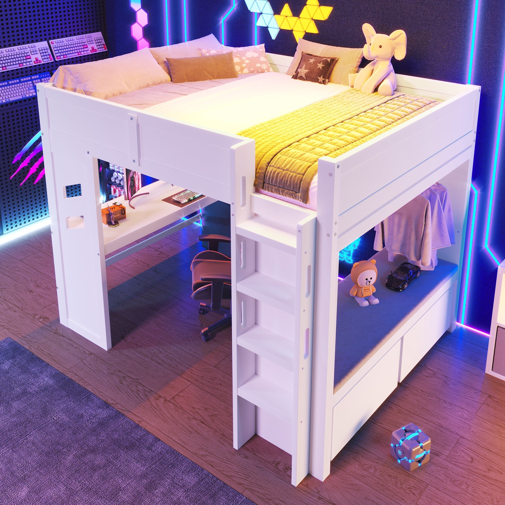 Logidon hoogslaper 140x200 cm wit gamingbed met bureau LED