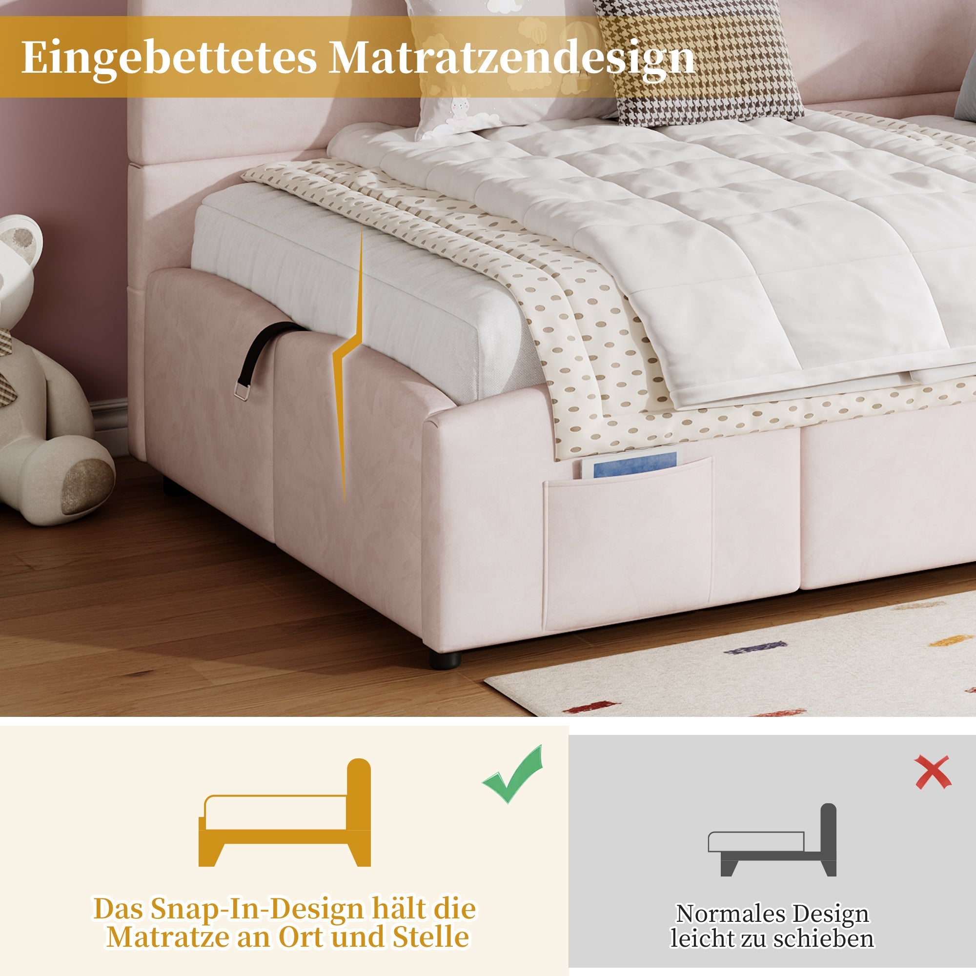 Logidon fluweel gestoffeerd bed roze 90x200 met lattenbodem en opbergruimte