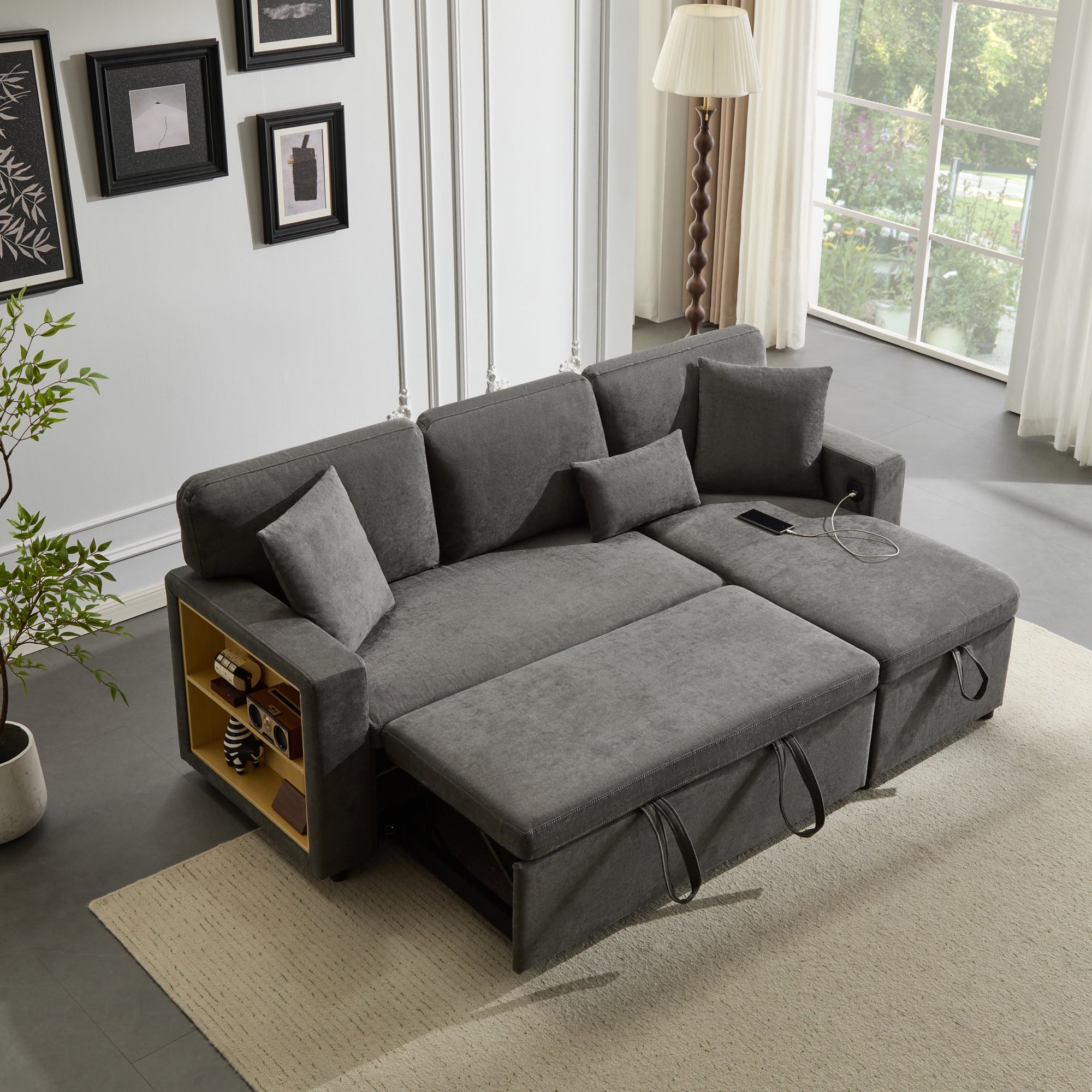 Logidon Corner Sofa Gray Extendable Bed With Bed Box Shelf 214x131