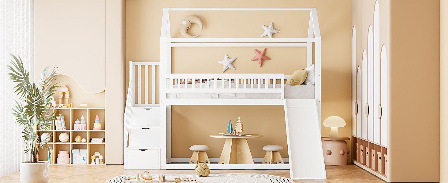 Logidon hoogslaper kinderstapelbed 90x200 wit glijbaan met opbergladder