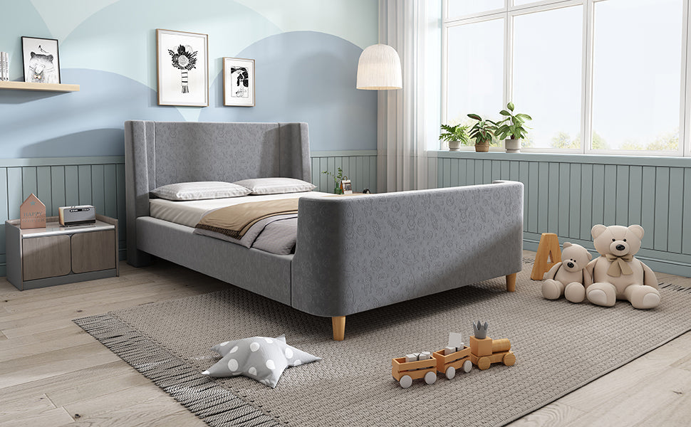 Logidon kinderbed gestoffeerd bed 90x200 grijs fluweel kosmisch patroon