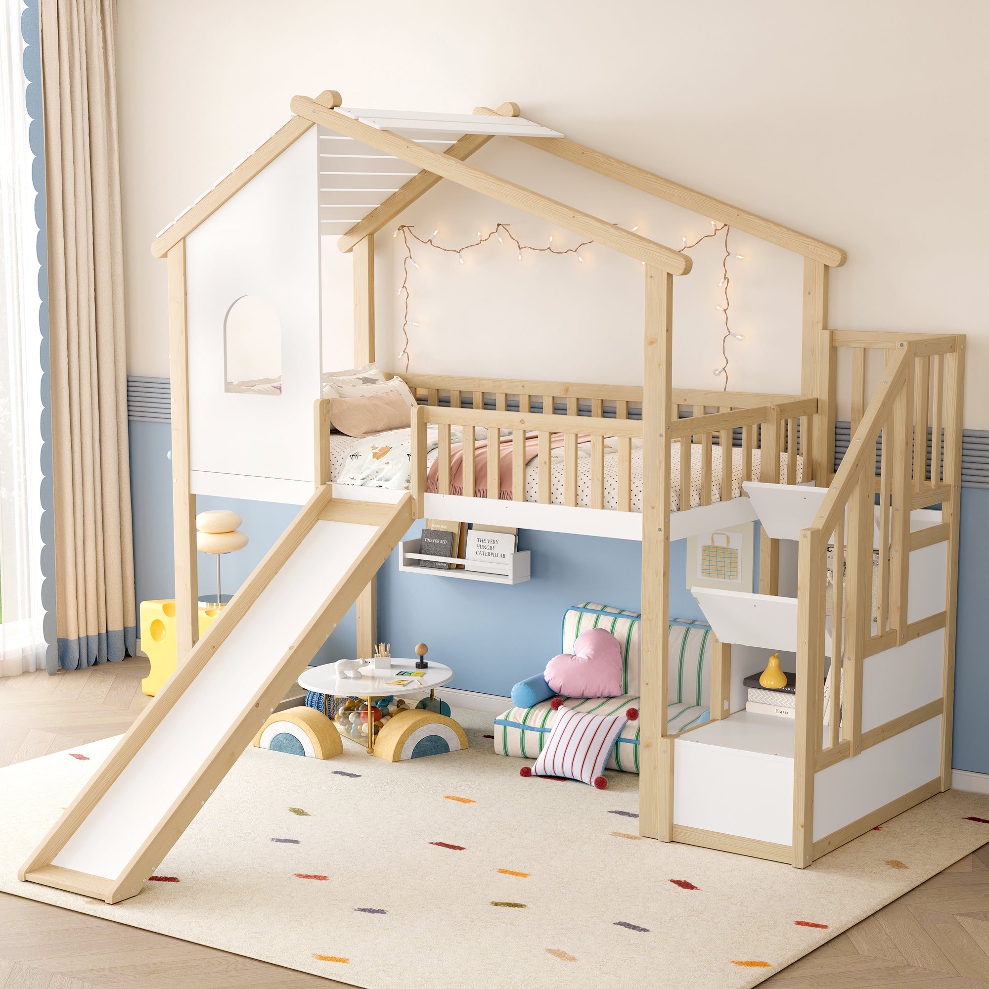 Logidon hoogslaper 90x200 cm naturel wit met bedrail en glijbaan