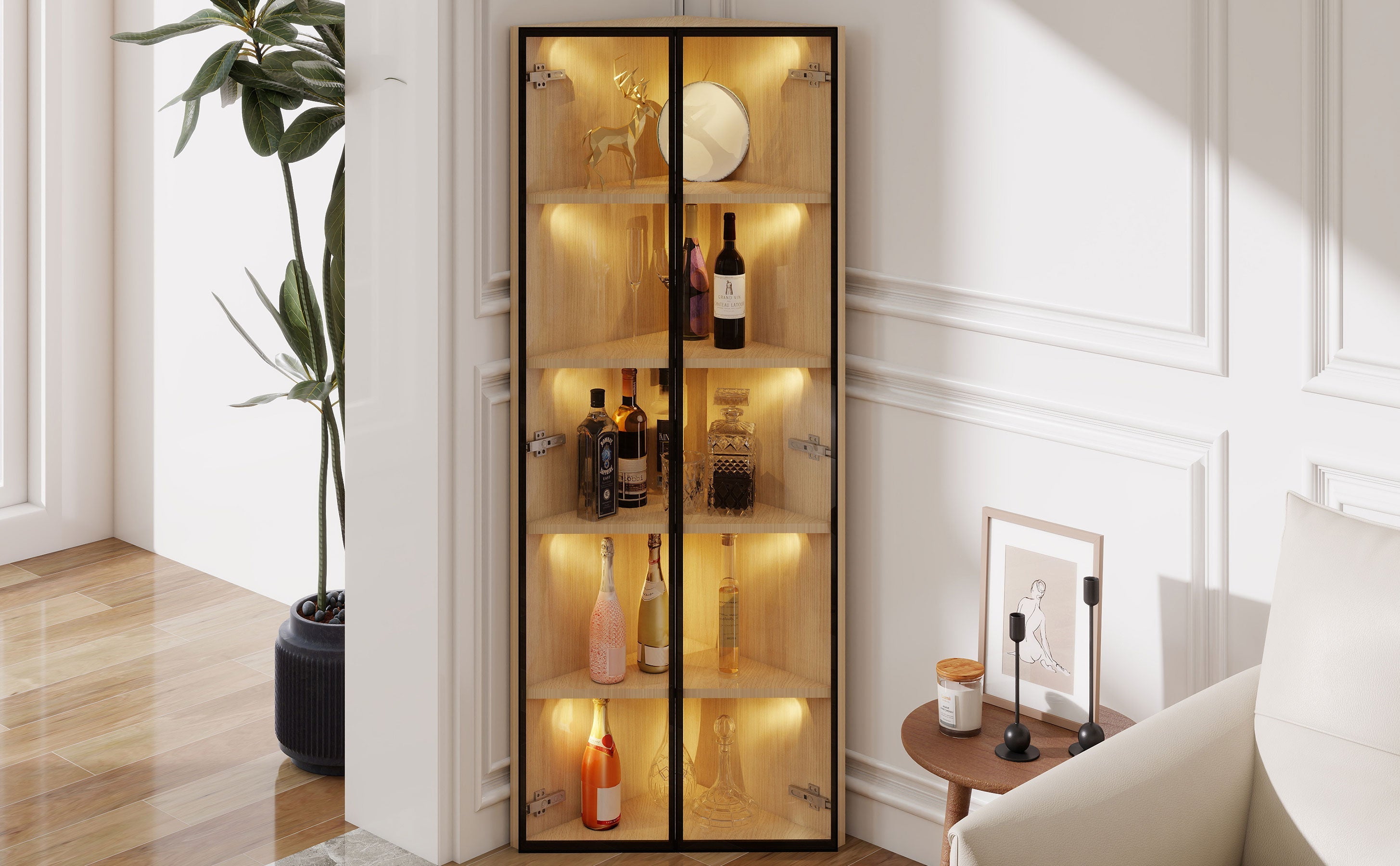 Logidon LED glazen vitrine 62 cm 35 cm 160 cm eiken hoekvitrine met deur