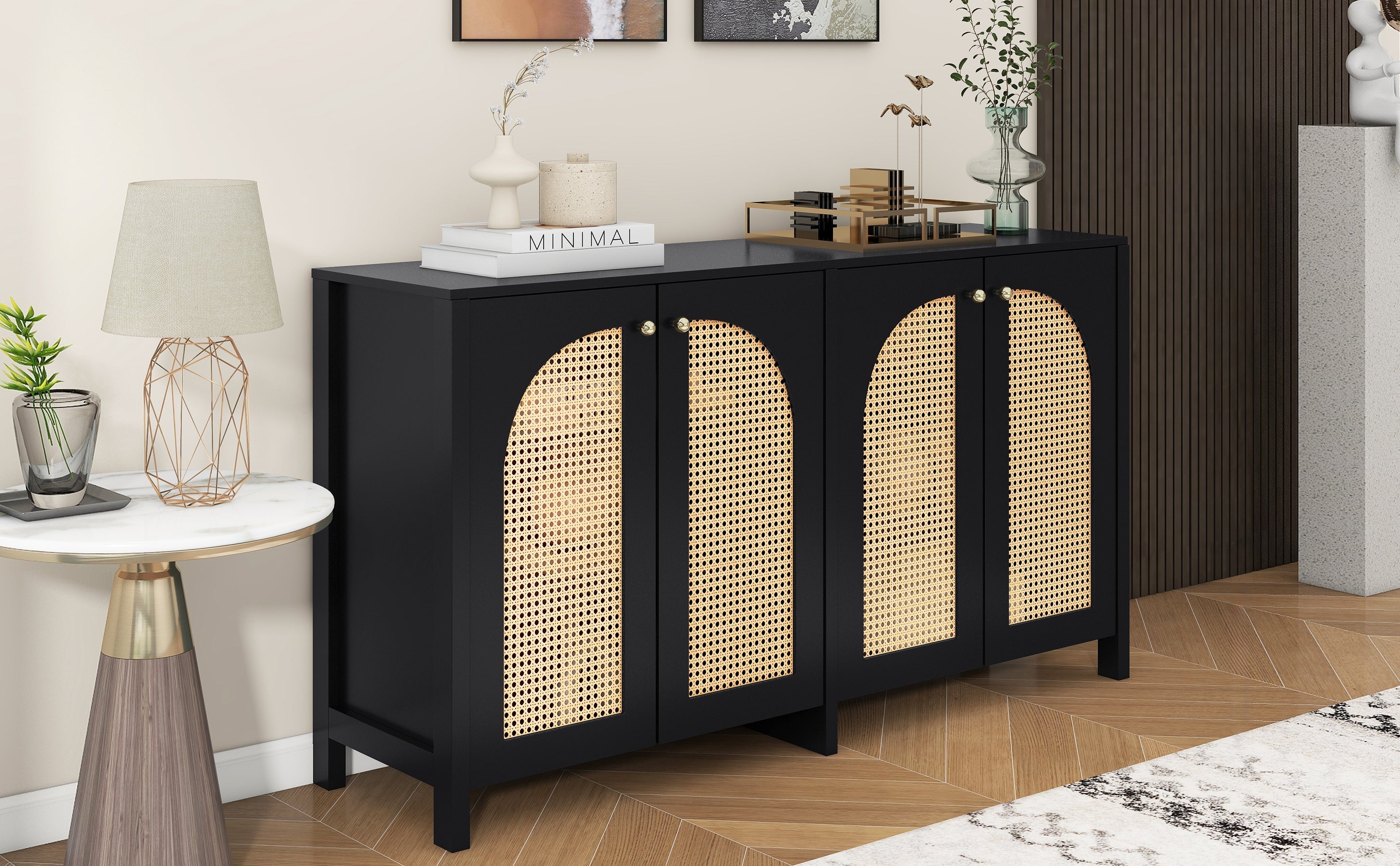 Logidon Dressoir Zwart Met Rotan Deuren Modern Buffet 145x40x80