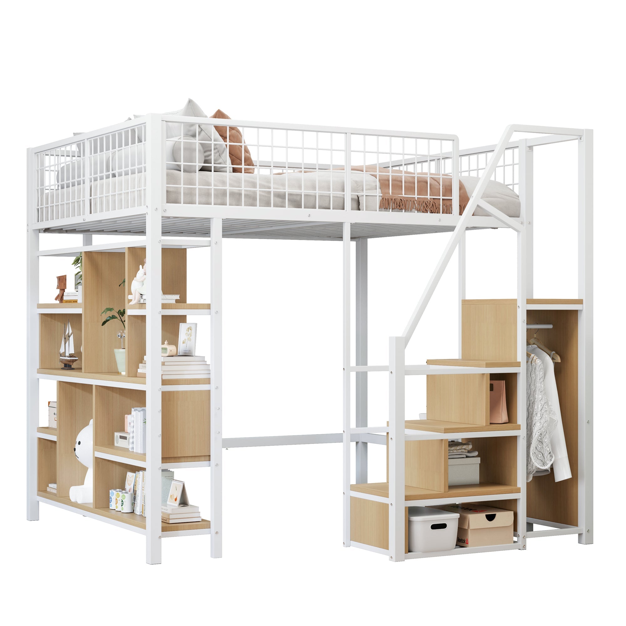 Logidon hoogslaper 140x200 cm metaal met opbergruimte trap wit