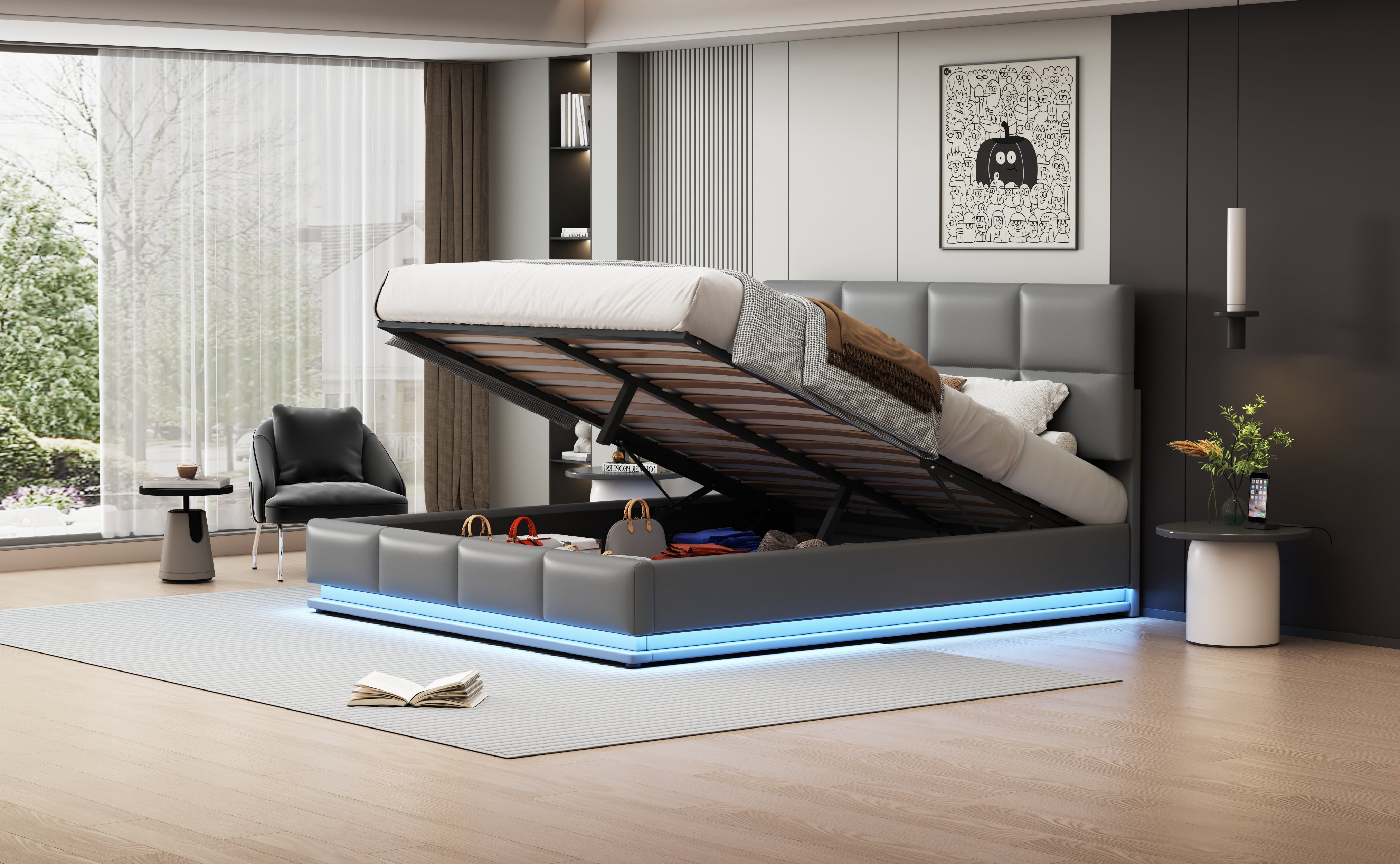 Logidon gestoffeerd bed 180x200 cm LED verlichting hydraulische bedbox cementgrijs