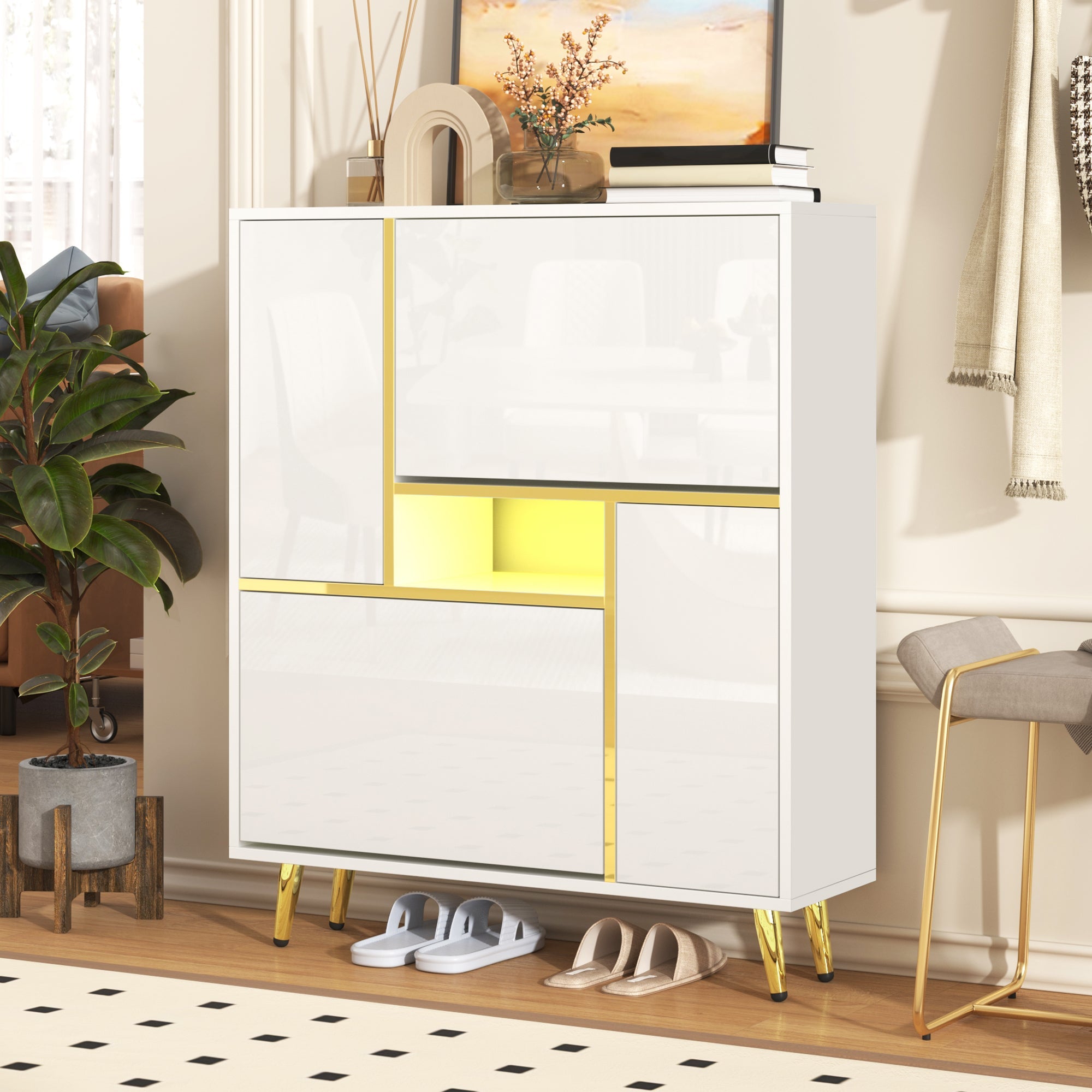 Logidon Moderne Schoenenkast Wit met Hoogglans Front en LED Licht 80x25x96 Cm