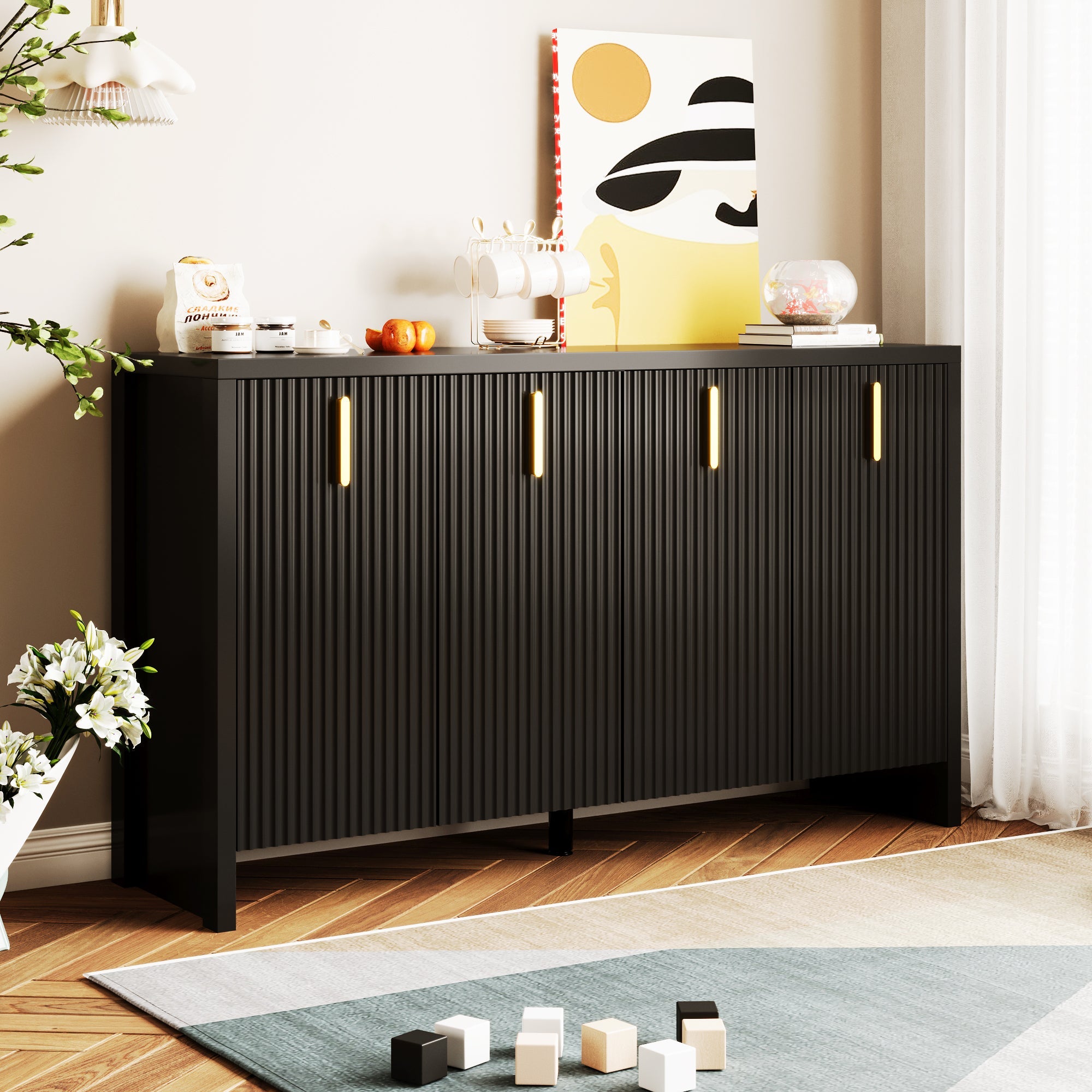 Logidon Dressoir 140 cm Zwart met Gouden Handvatten en Verdelers