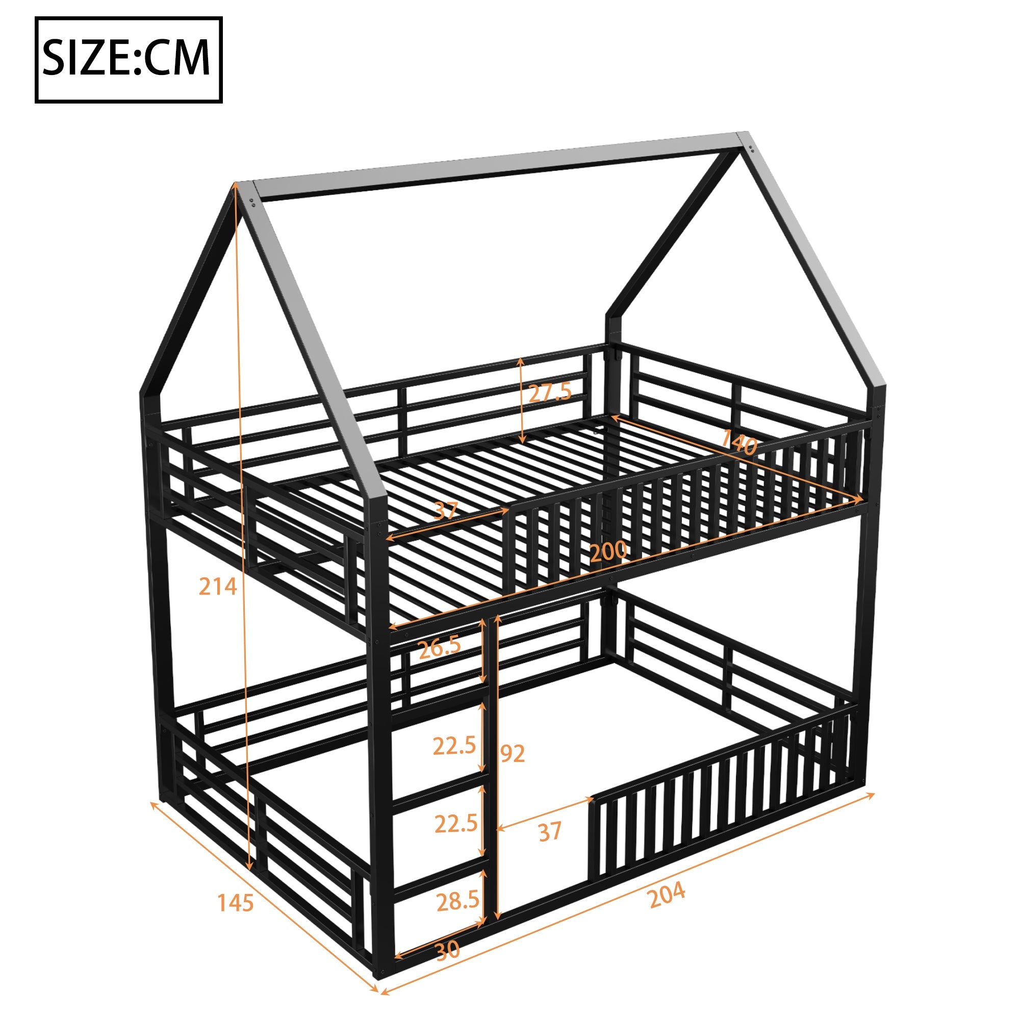 Logidon House stapelbed 140x200 met hekwerk en LED-licht zwart