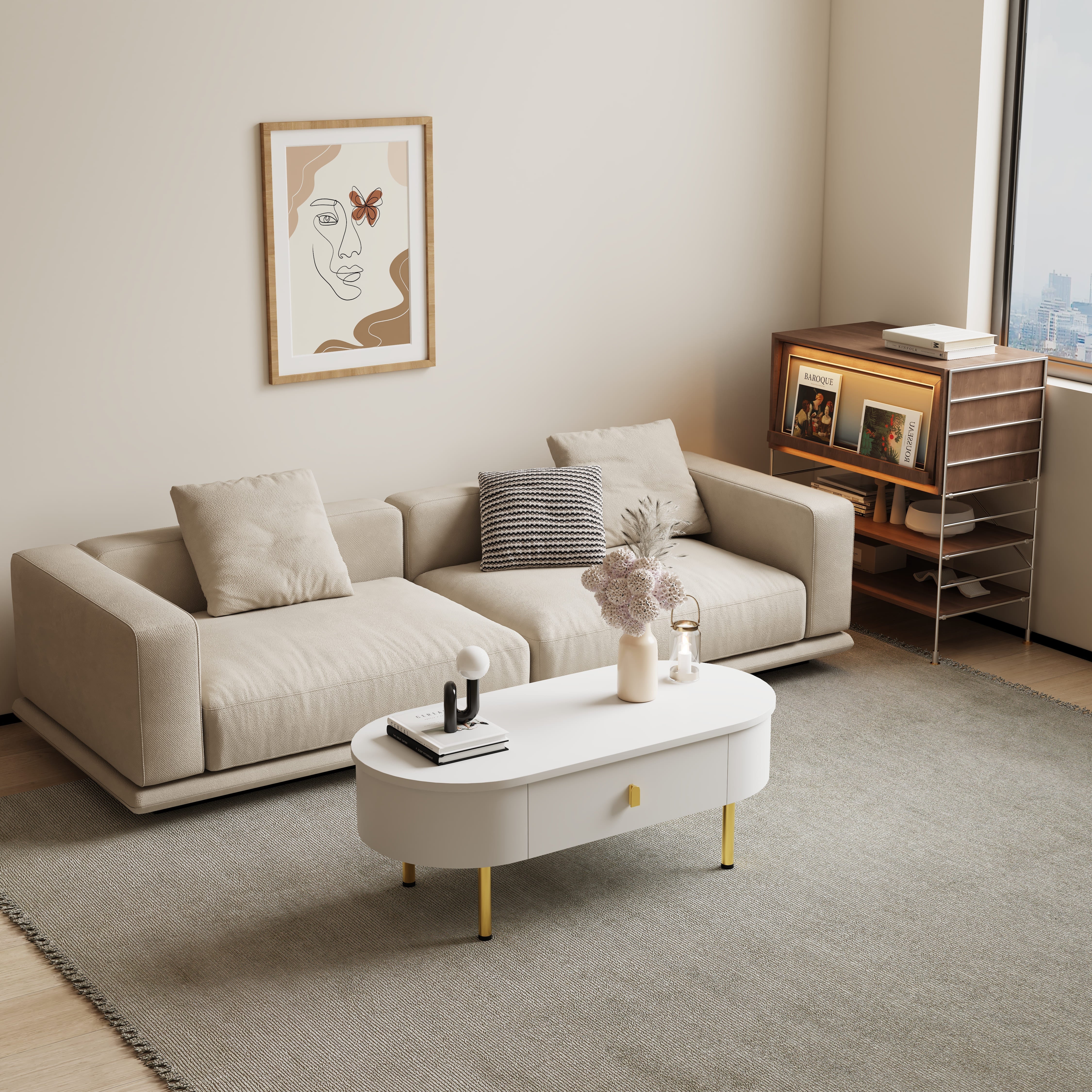 Logidon White Coffee Table With Two Drawers And Gold Handles