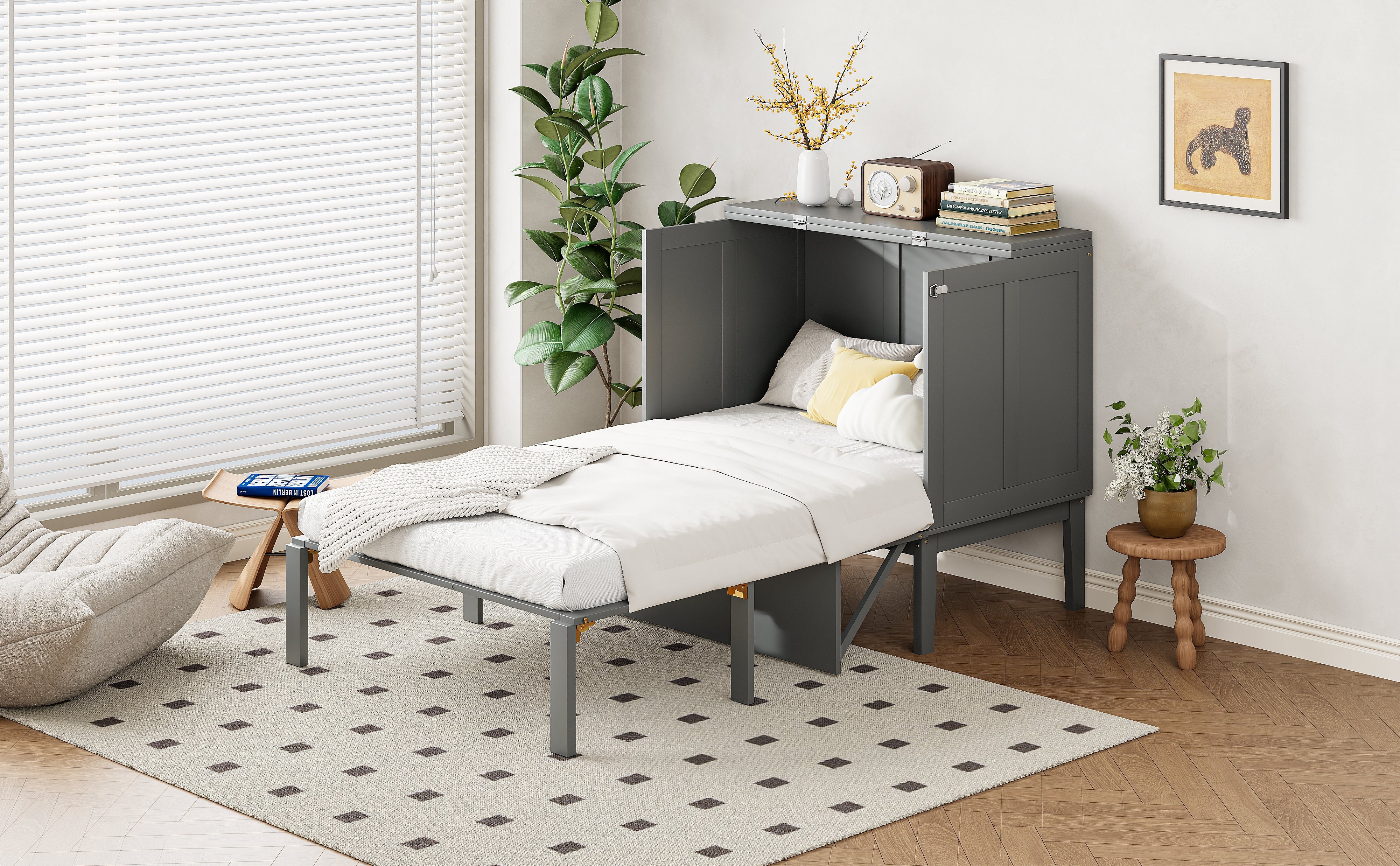 Logidon Murphy bed 90x200 grijs verticaal opklapbed met lattenbodem