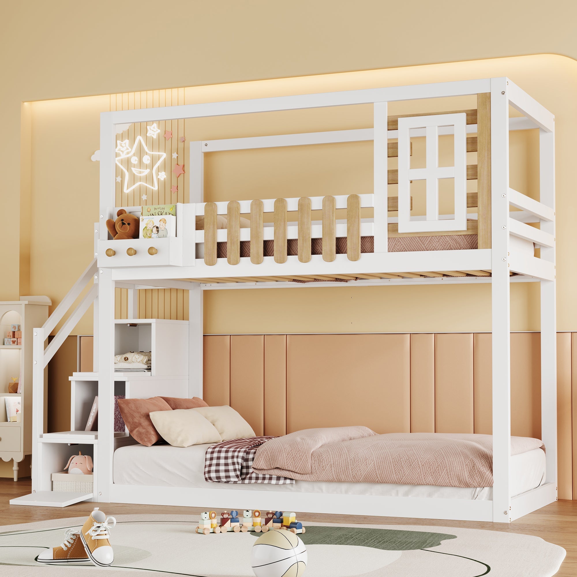 Logidon Bunk Bed With Stairs Window Pine Wood White 90x200 cm
