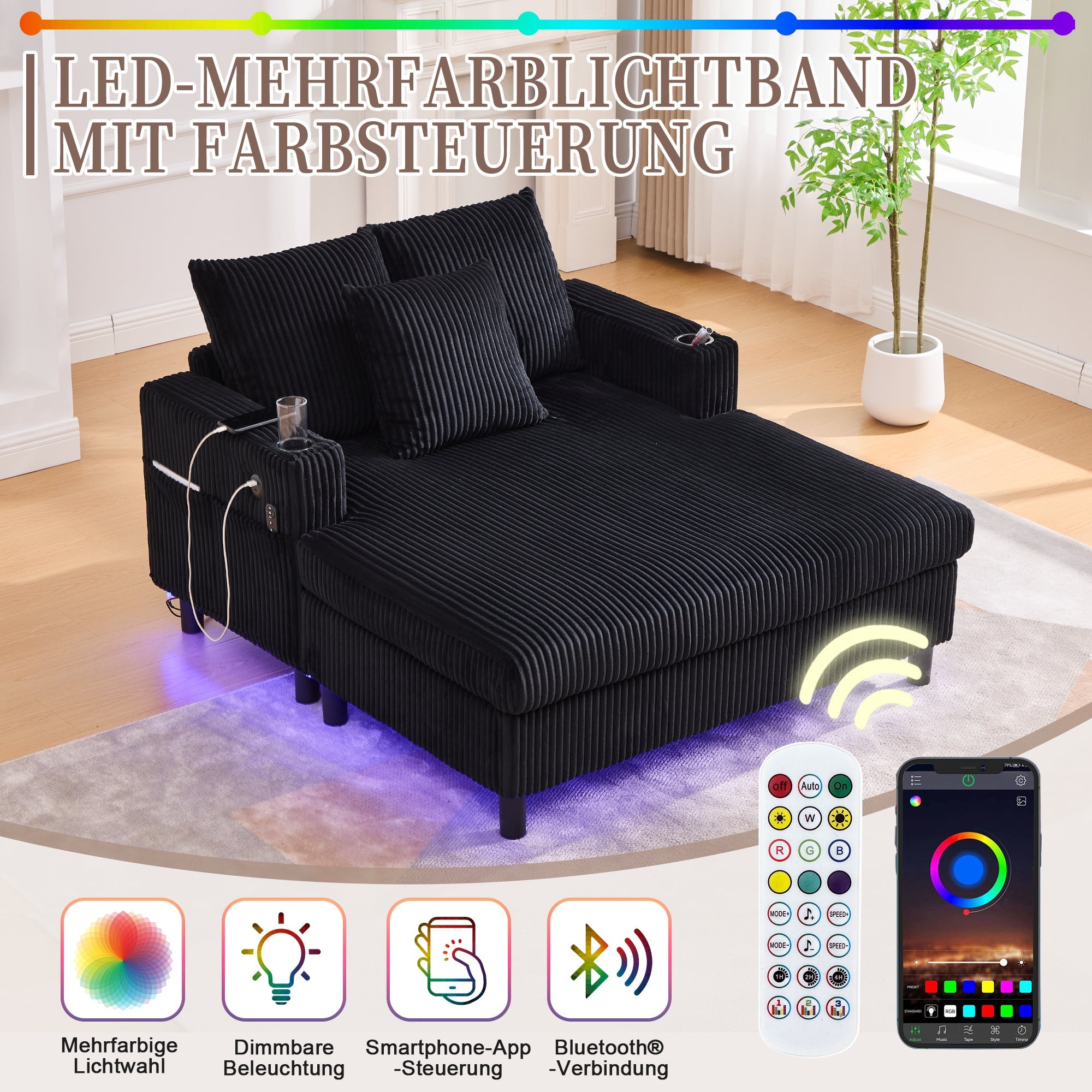 Logidon Velvet Chaise Longue Zwart met USB-oplaadpunten en LED-verlichting