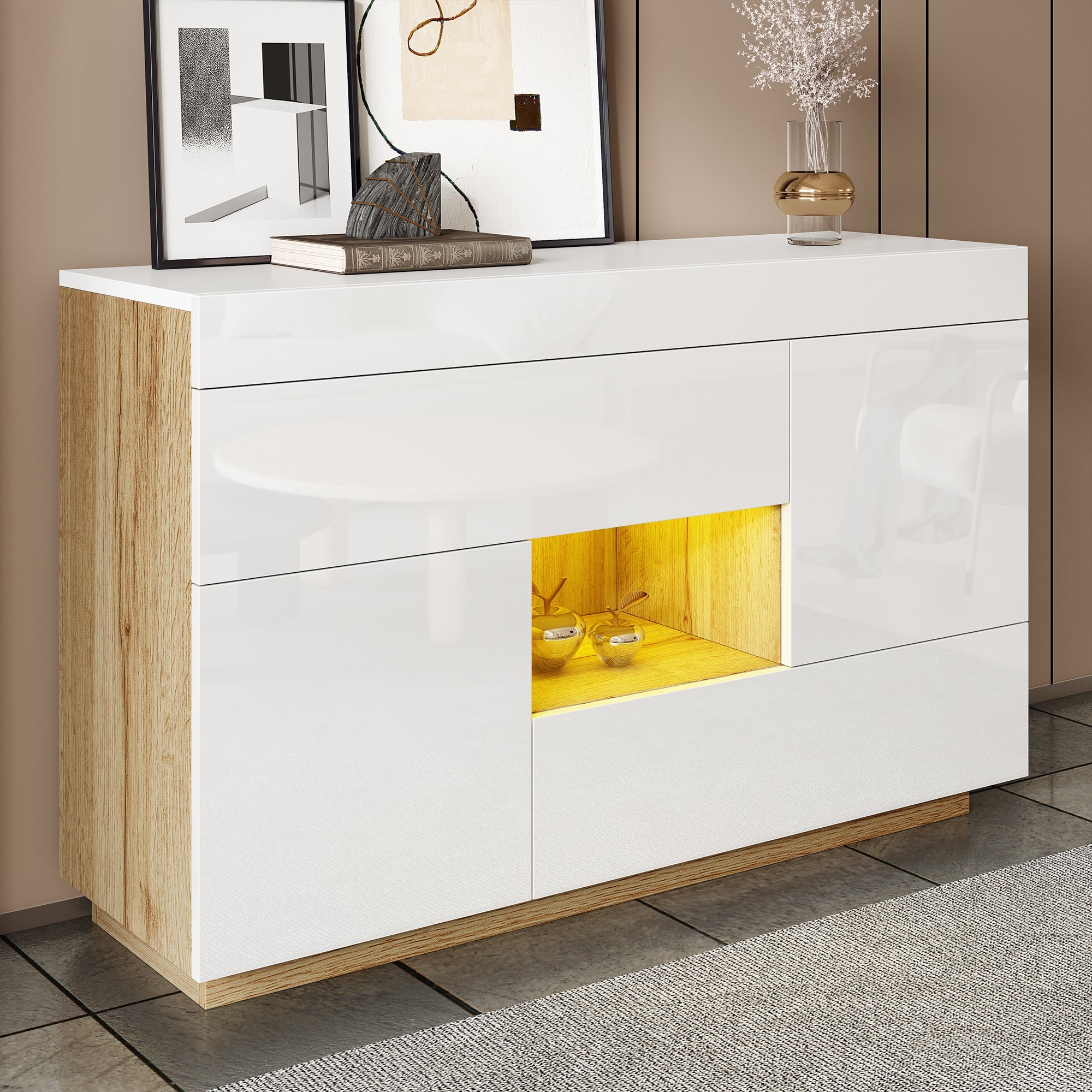 Logidon dressoir hoogglans wit vitrinekast LED 16 kleuren 120x37x76,5 cm