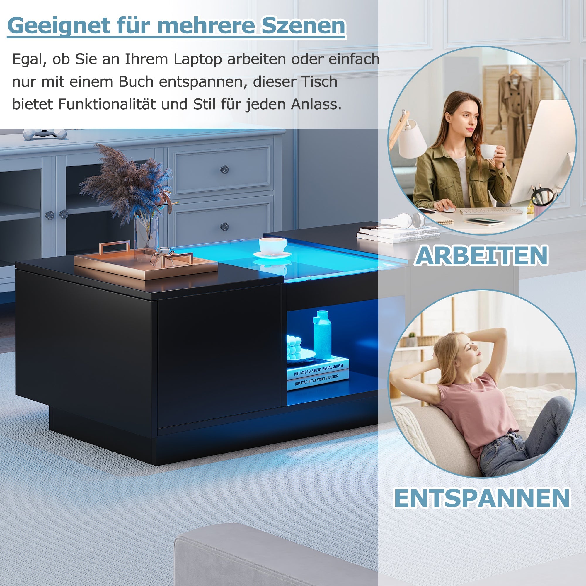 Logidon Zwarte salontafel 100x50x35,5 cm glaspanelen LED