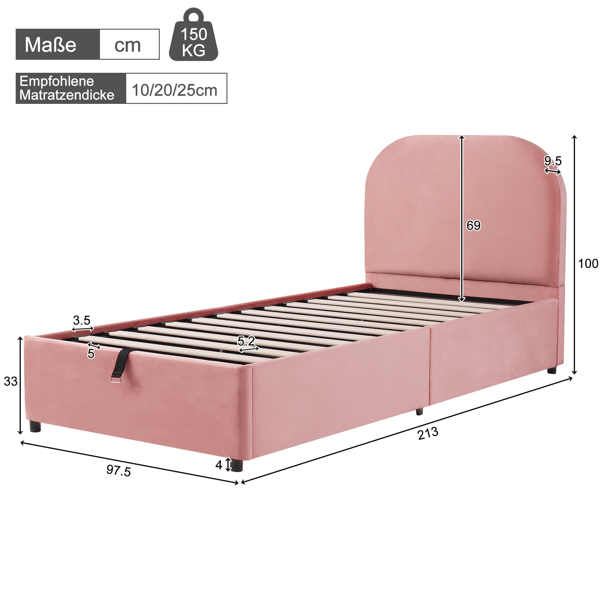 Logidon gestoffeerd bed 90x200 roze hydraulisch met opbergruimte fluweel