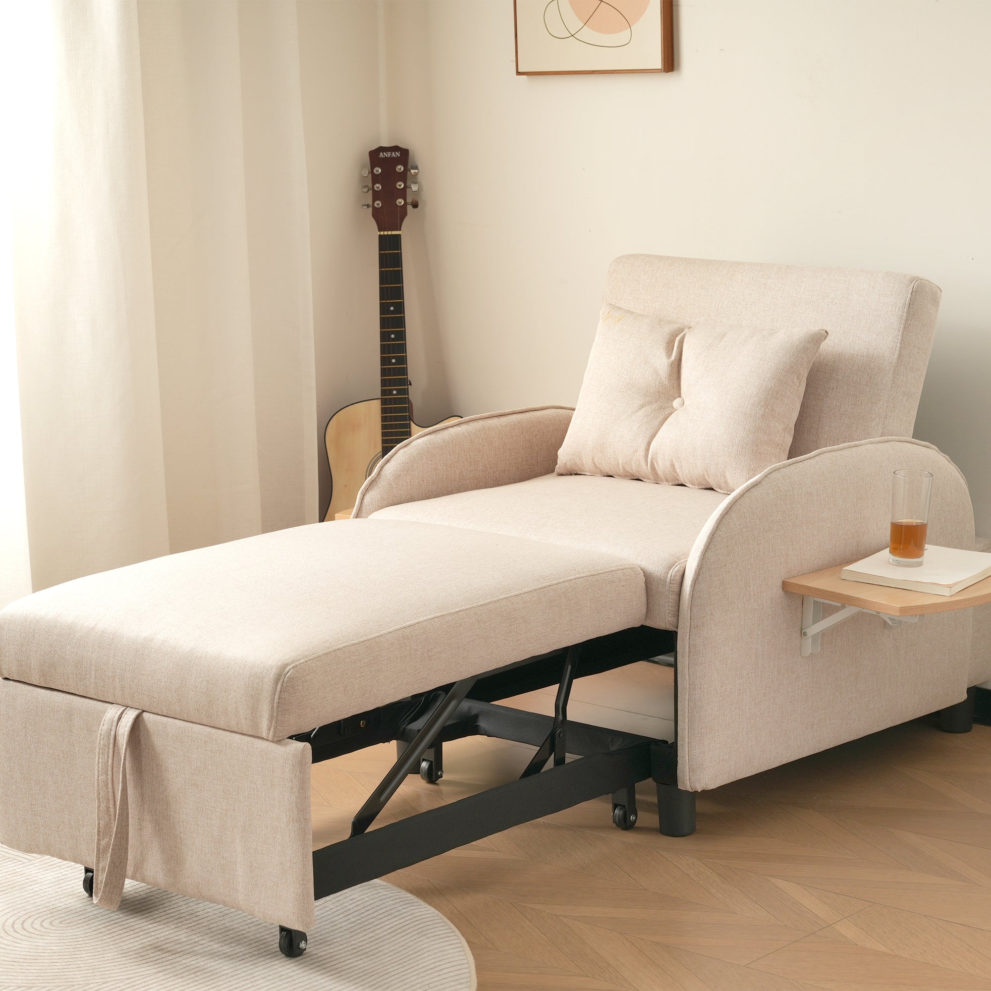 Logidon 3-in-1 slaapbank beige uitschuifbaar eenpersoonsbed ligstoel fauteuil