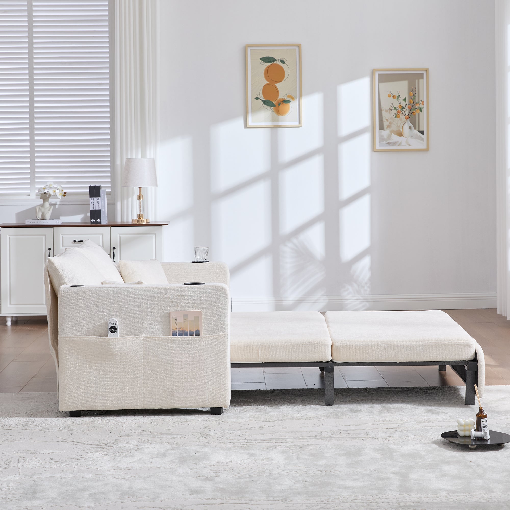 Logidon Beige Fluweel Multifunctionele Stoffen Bank Uitschuifbaar USB
