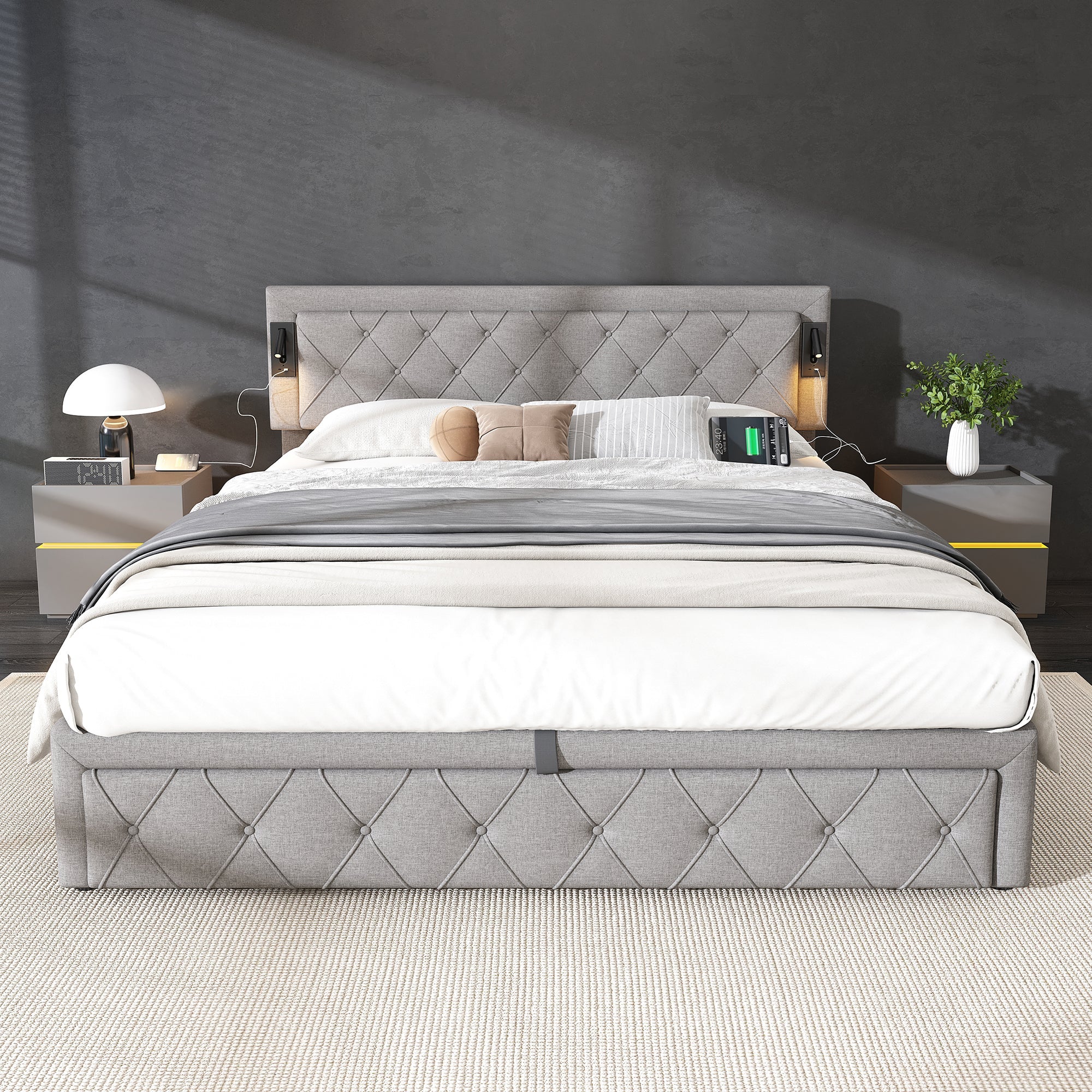 Logidon gestoffeerd bed 180x200 grijs linnen met inbouwspot en USB