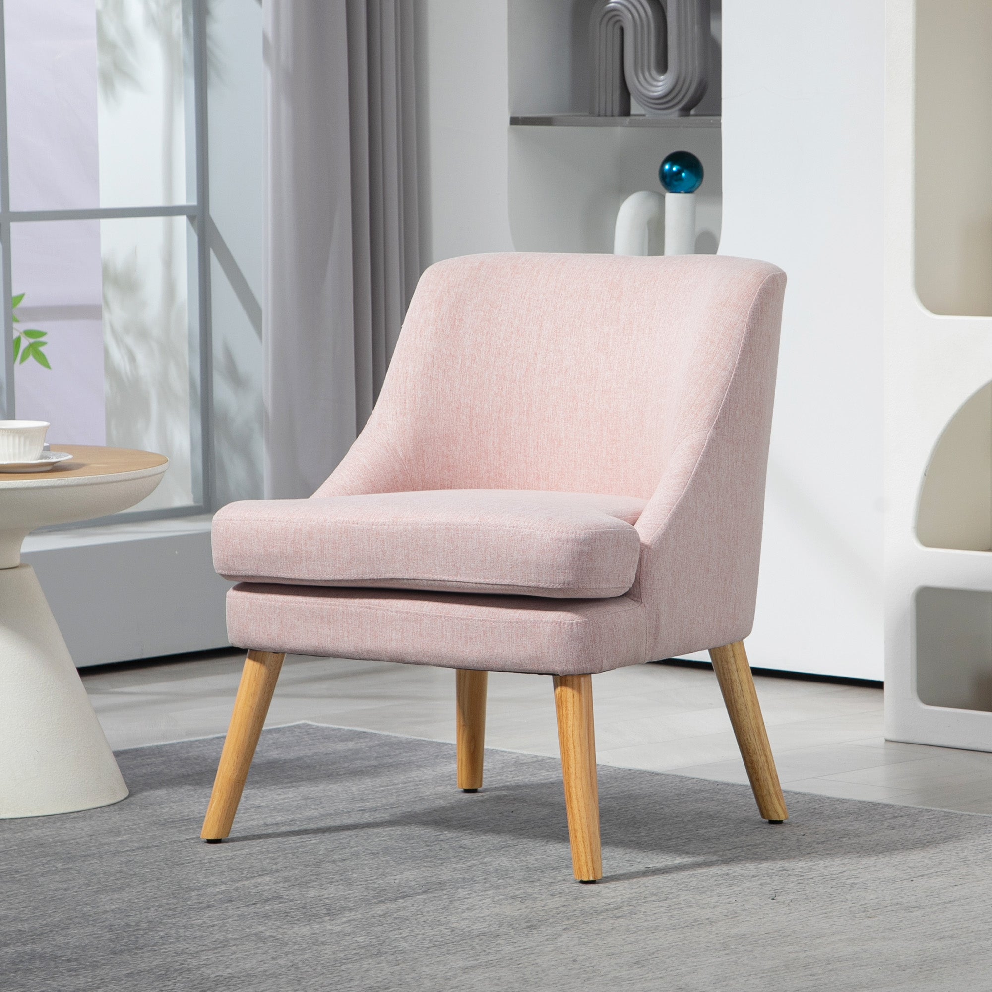 Logidon lounge chair pink linen look upholstered with wooden legs