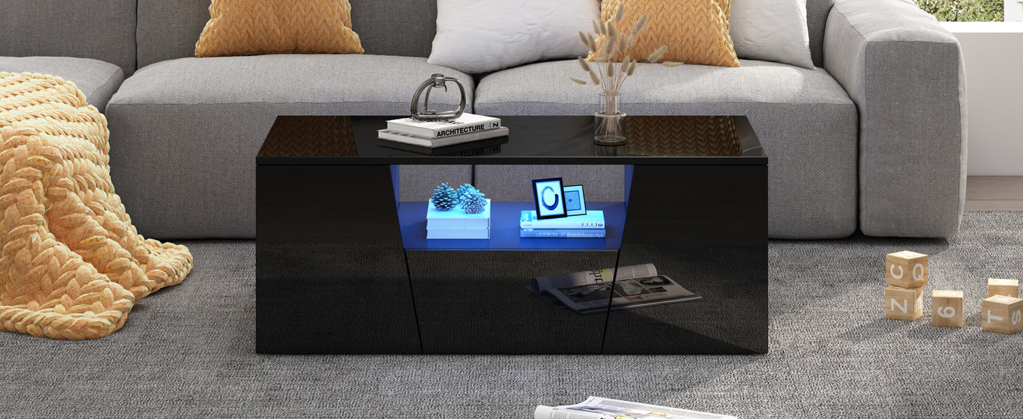 Logidon coffee table 100x50x40 cm black with LED 2 cabinets 1 drawer