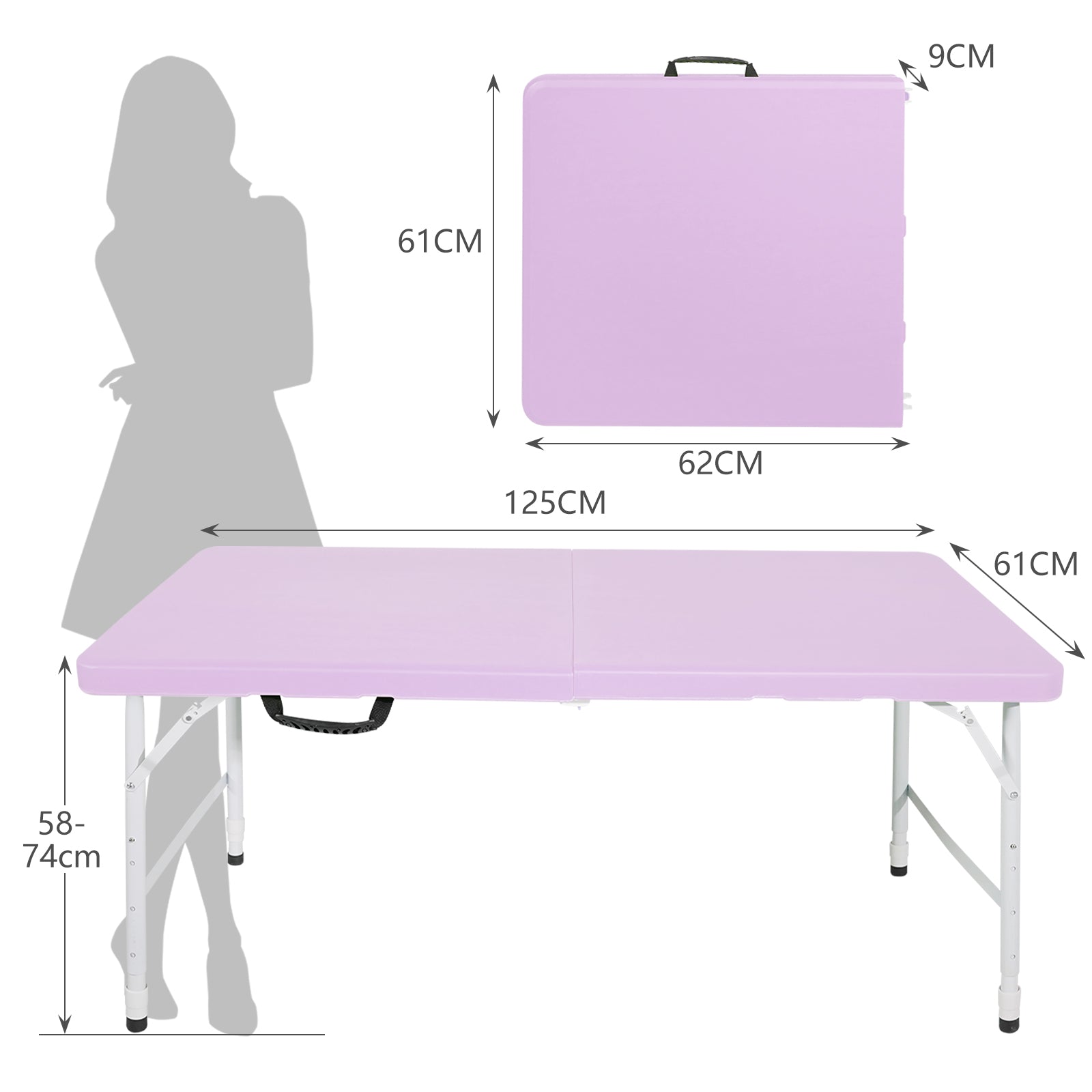 Logidon 125 cm klaptafel paars met handvat, in hoogte verstelbaar tot 135 kg