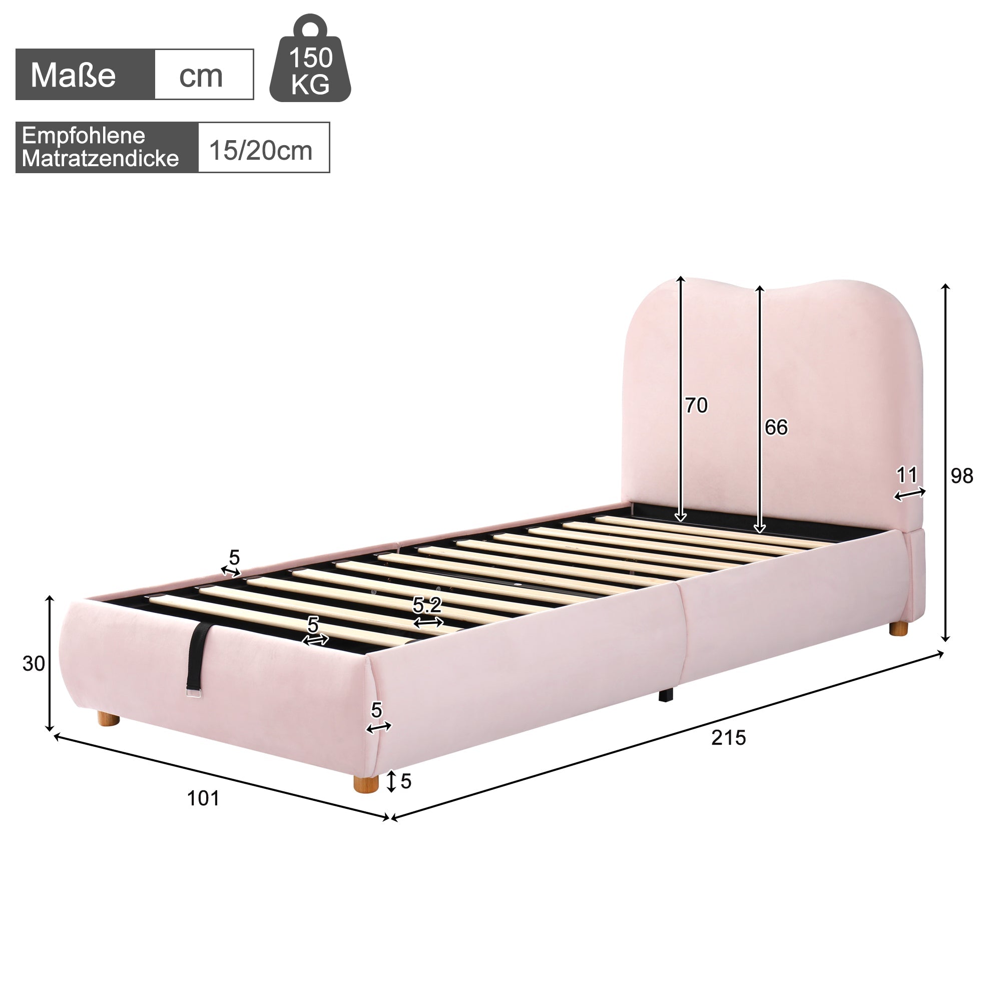 Logidon Gestoffeerd Bed Roze 90x200 cm Hydraulisch bed met opbergruimte