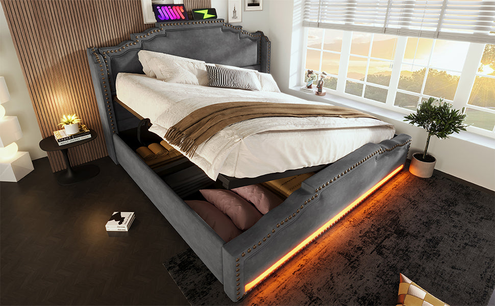 Logidon gestoffeerd bed 140x200 met hydraulische opbergruimte LED USB-C grijs
