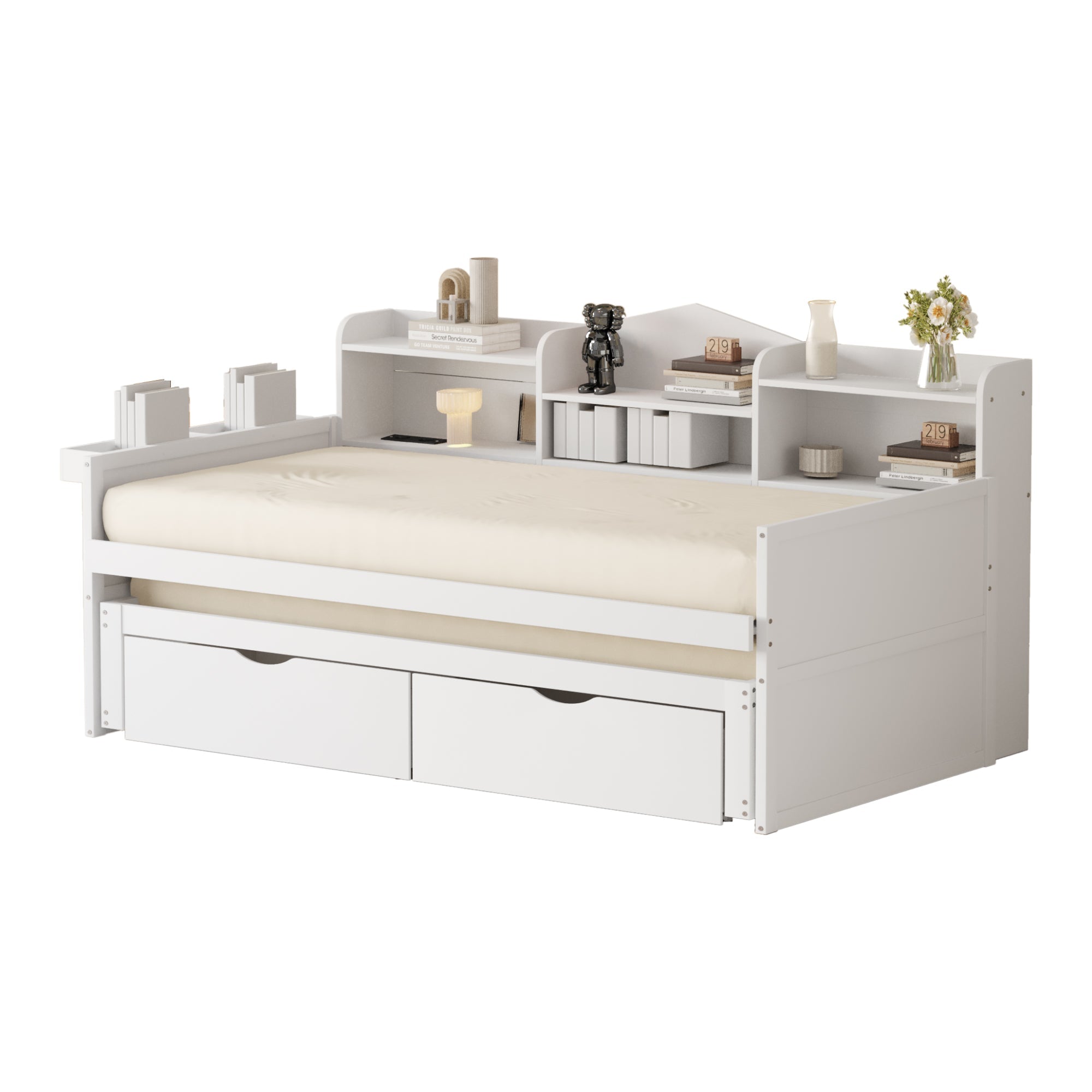 Logidon slaapbank 90x200 wit uitschuifbaar bed 90x190 twee laden