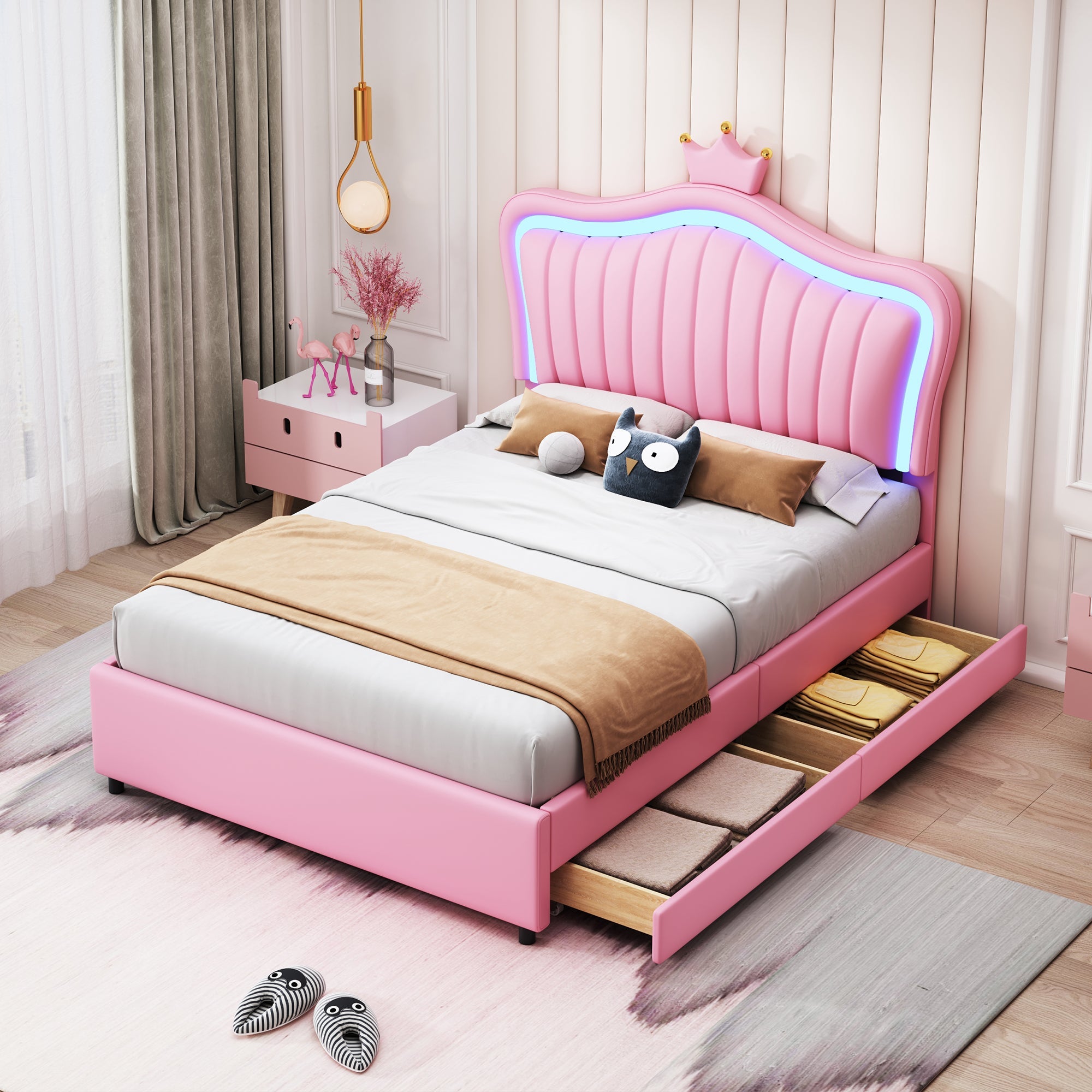 Logidon kinderbed roze 90x200 gestoffeerd bed met LED verlichting