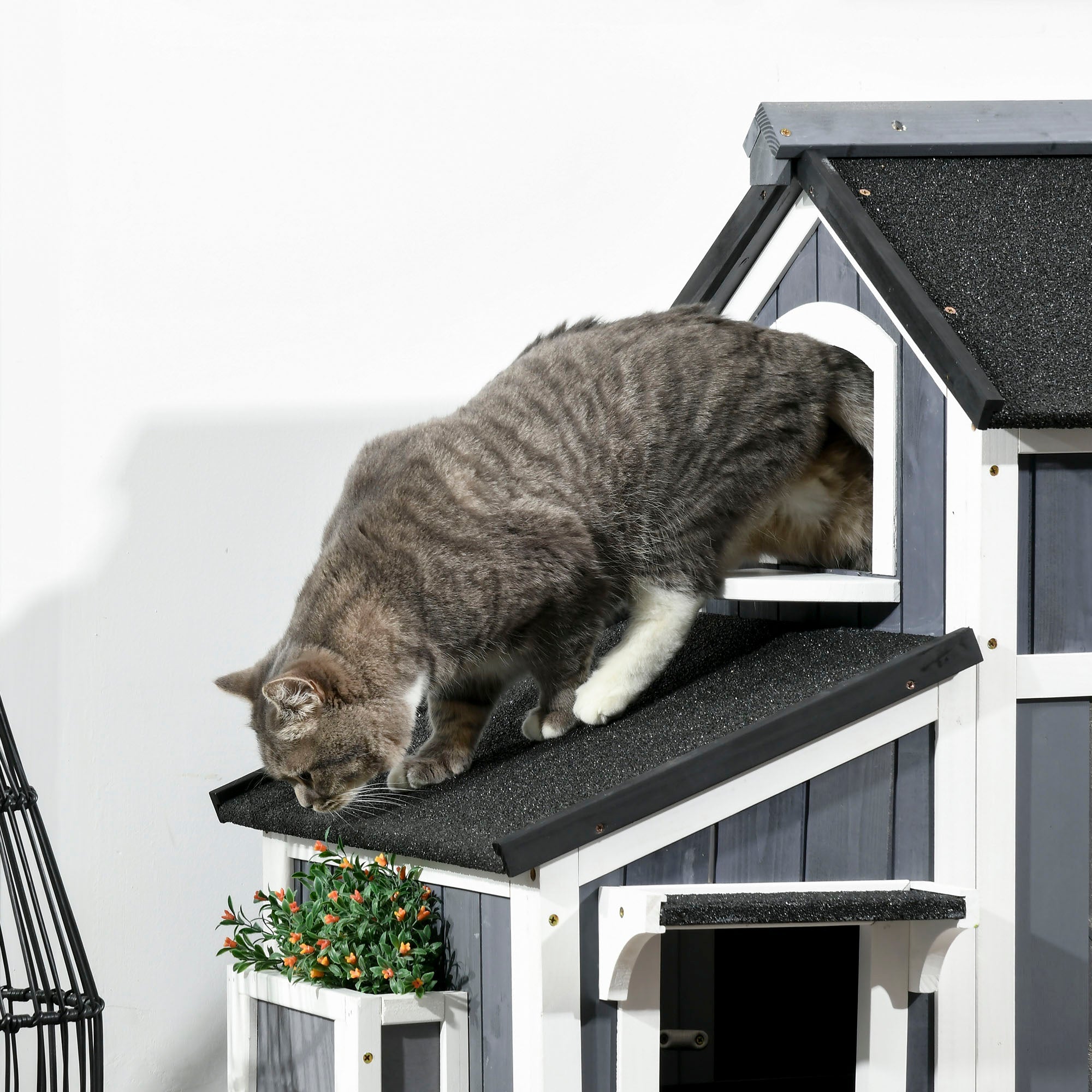 Logidon kattenhuis van dennenhout, twee verdiepingen met asfaltdak, grijs