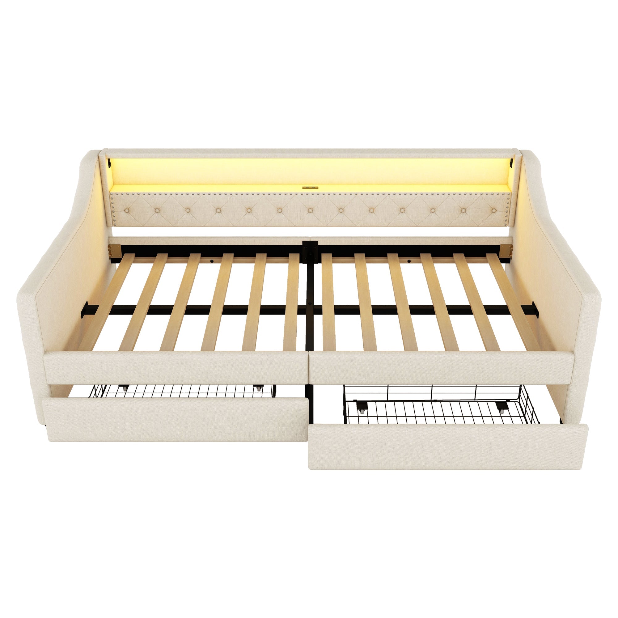 Logidon Daybed 90x200 beige slaapbank met lattenbodem USB-oplaadaansluiting