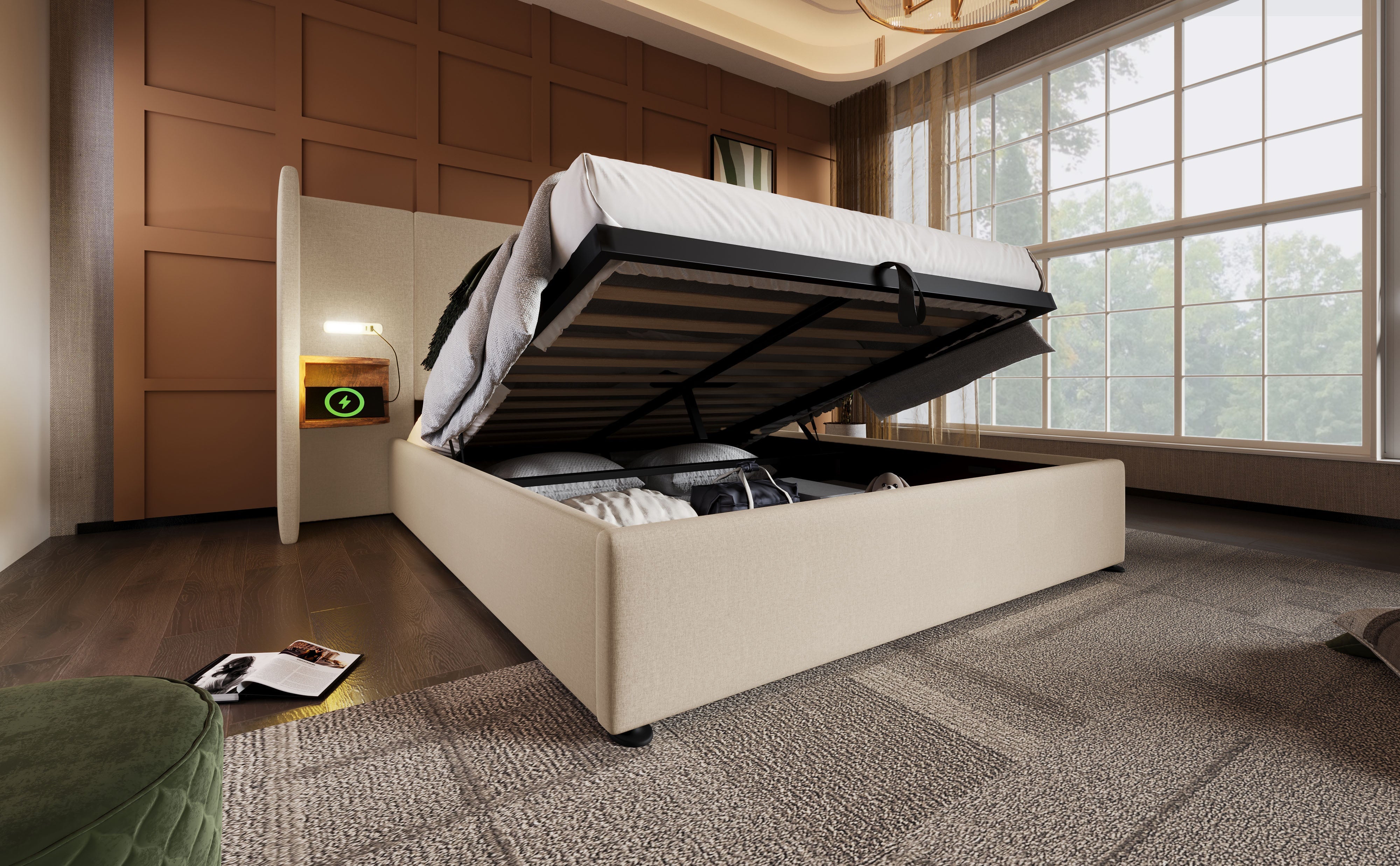 Logidon upholstered bed 160x200 double bed beige linen with storage space