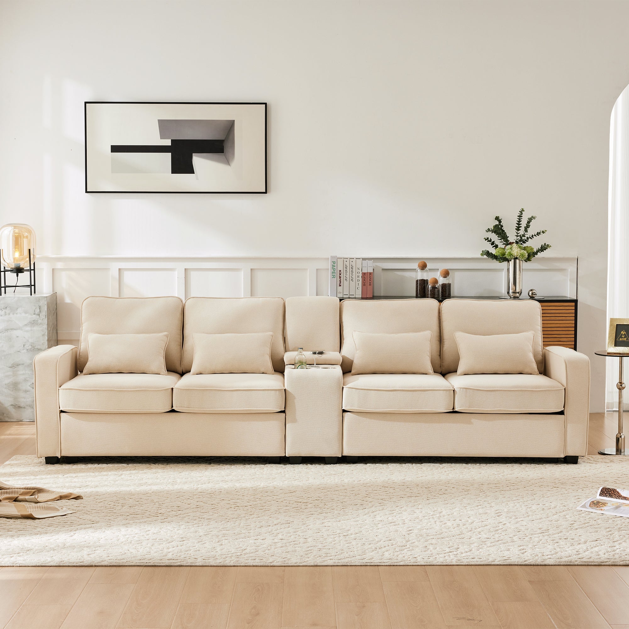 Logidon moderne 4-zitsbank gemaakt van beige linnen stof met console
