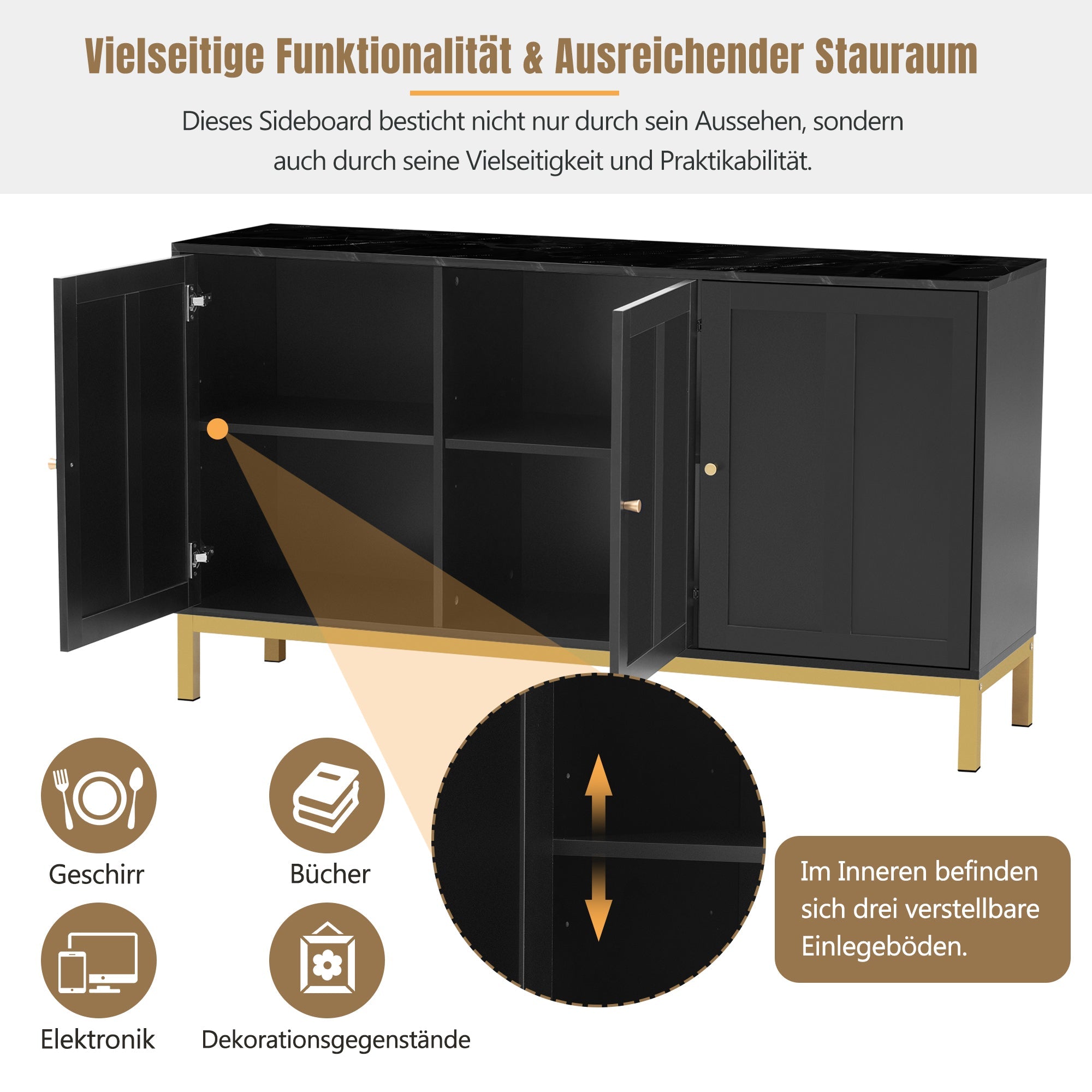 Logidon dressoir 3 deuren zwart MDF met marmerlook 140x40x78