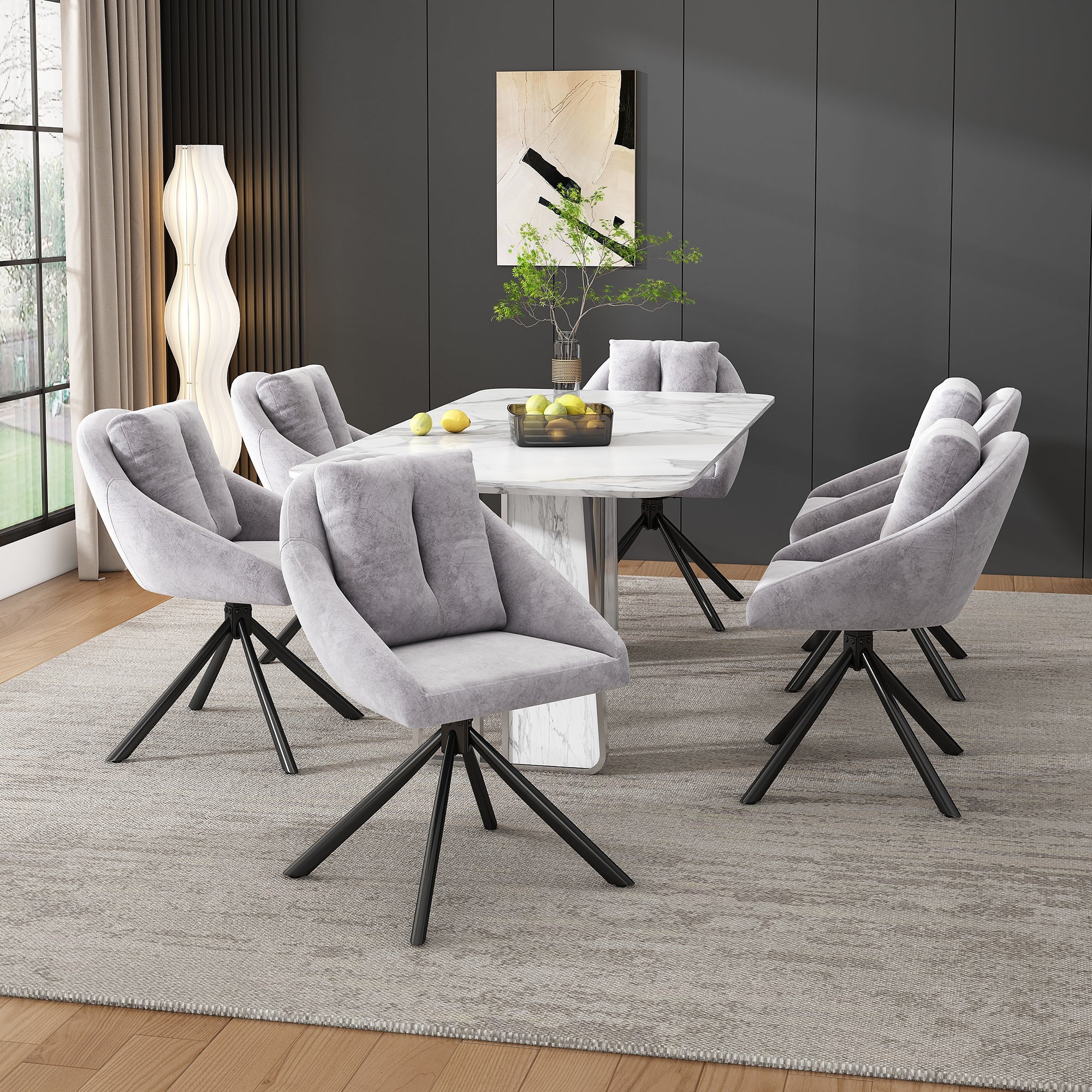 Logidon moderne grijze fluwelen stoelset van 6 ergonomische eetstoelen draaistoelen