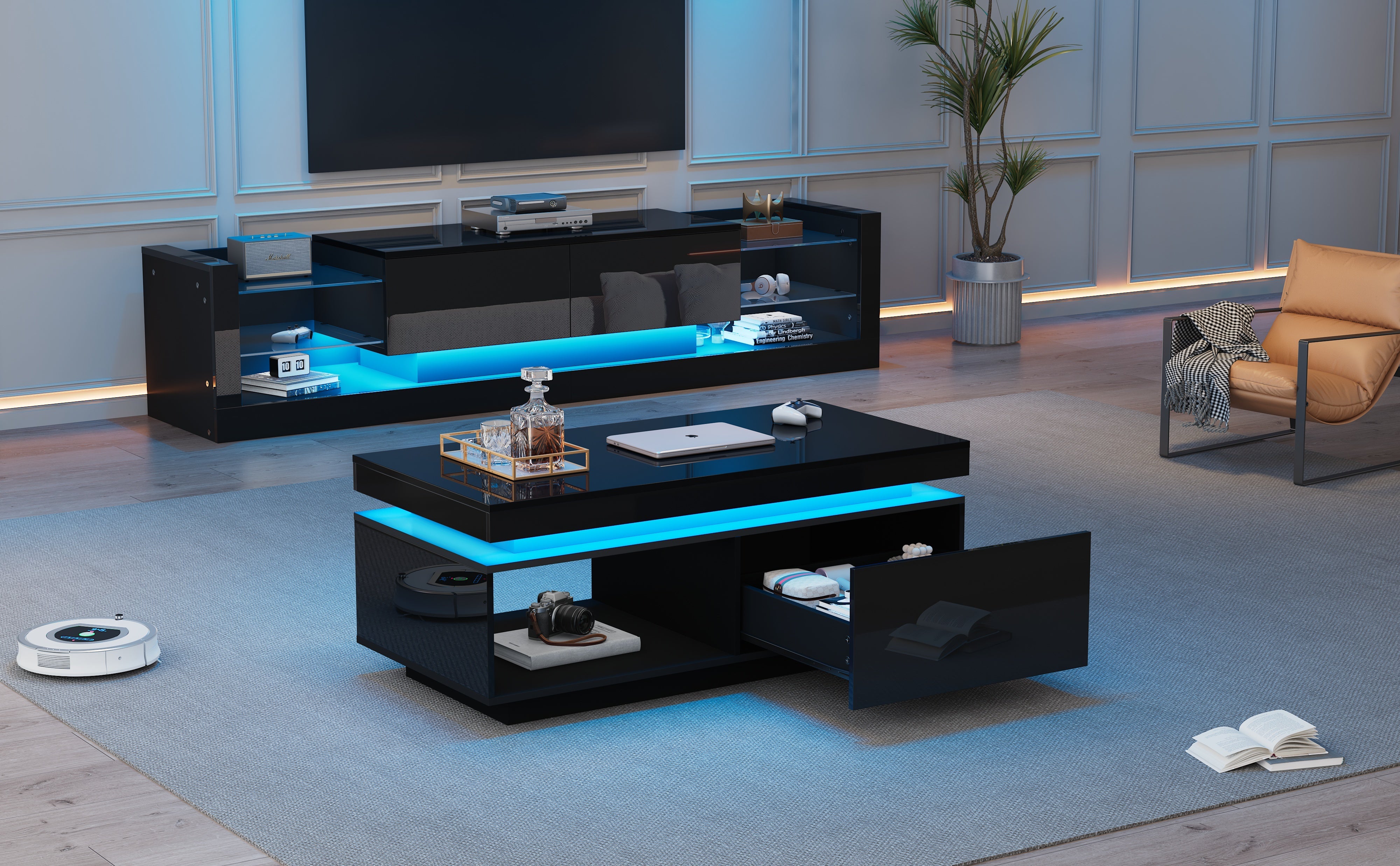 Logidon TV wall cabinet set black high gloss with LED lighting 181cm