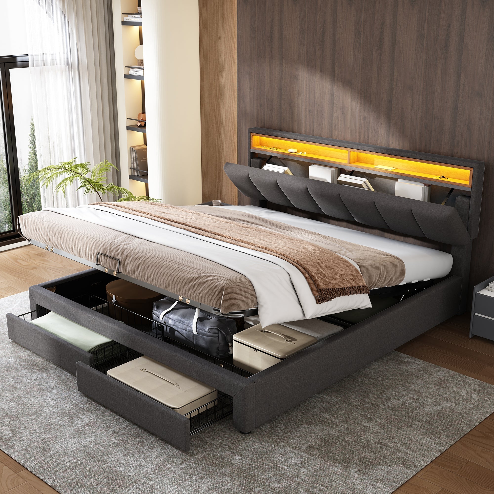 Logidon upholstered bed LED lighting hydraulic storage space 180x200 gray
